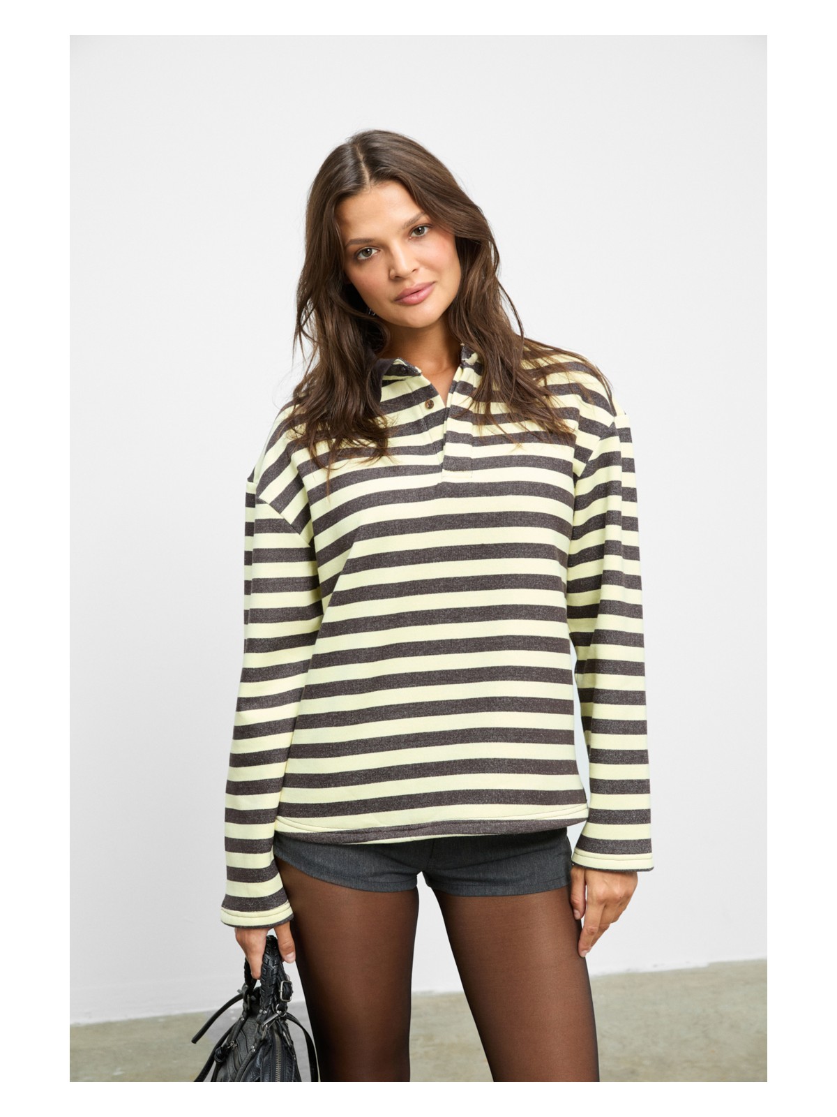 Grimelange MUSE Kadın Çizgili Triko Polo Yakalı Regular Fit Lacivert Sweatshirt - Görsel 3