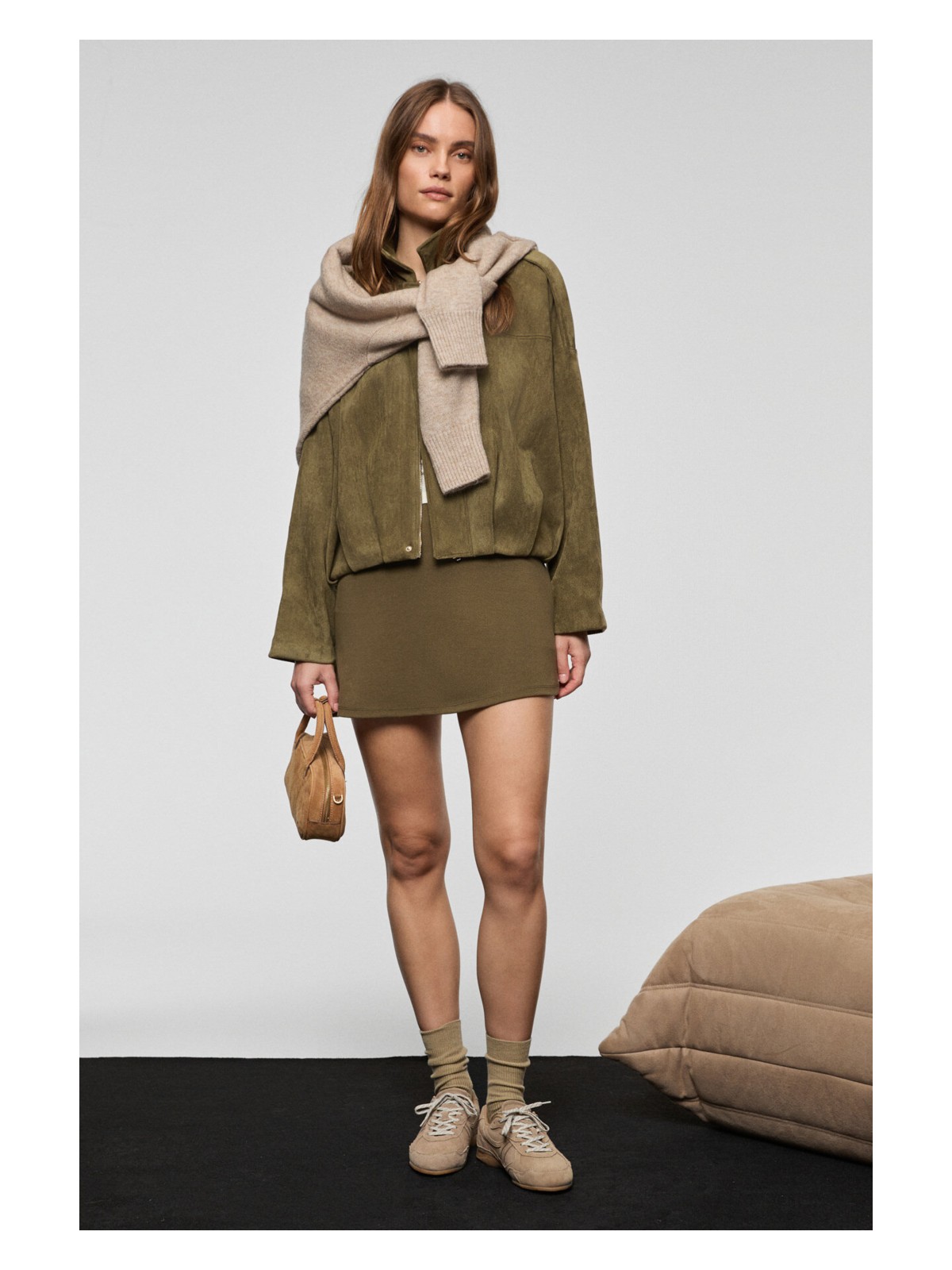 Grimelange KLAREY Kadın Esnek Kumaşlı Gizli Fermuarlı Mini Haki Etek