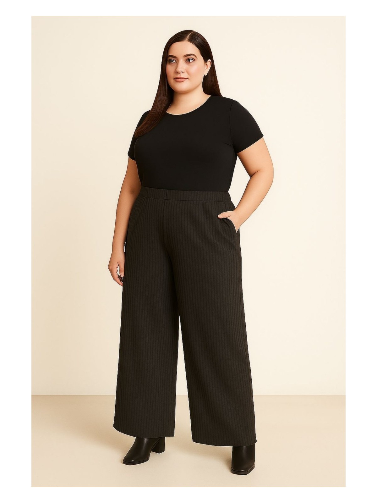 Büyük Beden Beli Lastikli Fitilli Bürümcük Geniş Paça Cepli Pantolon-Antrasit