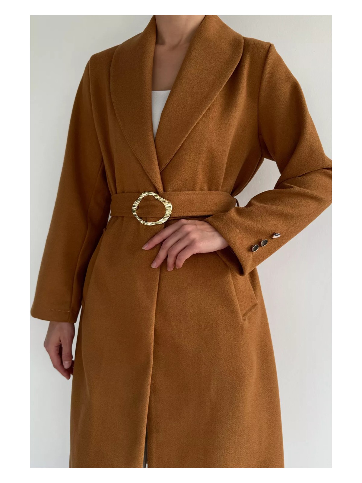 Gülseli Kadın Bel Kuşaklı Gold Toka Detaylı Kaşe Kaban P-00019459 - Görsel 3
