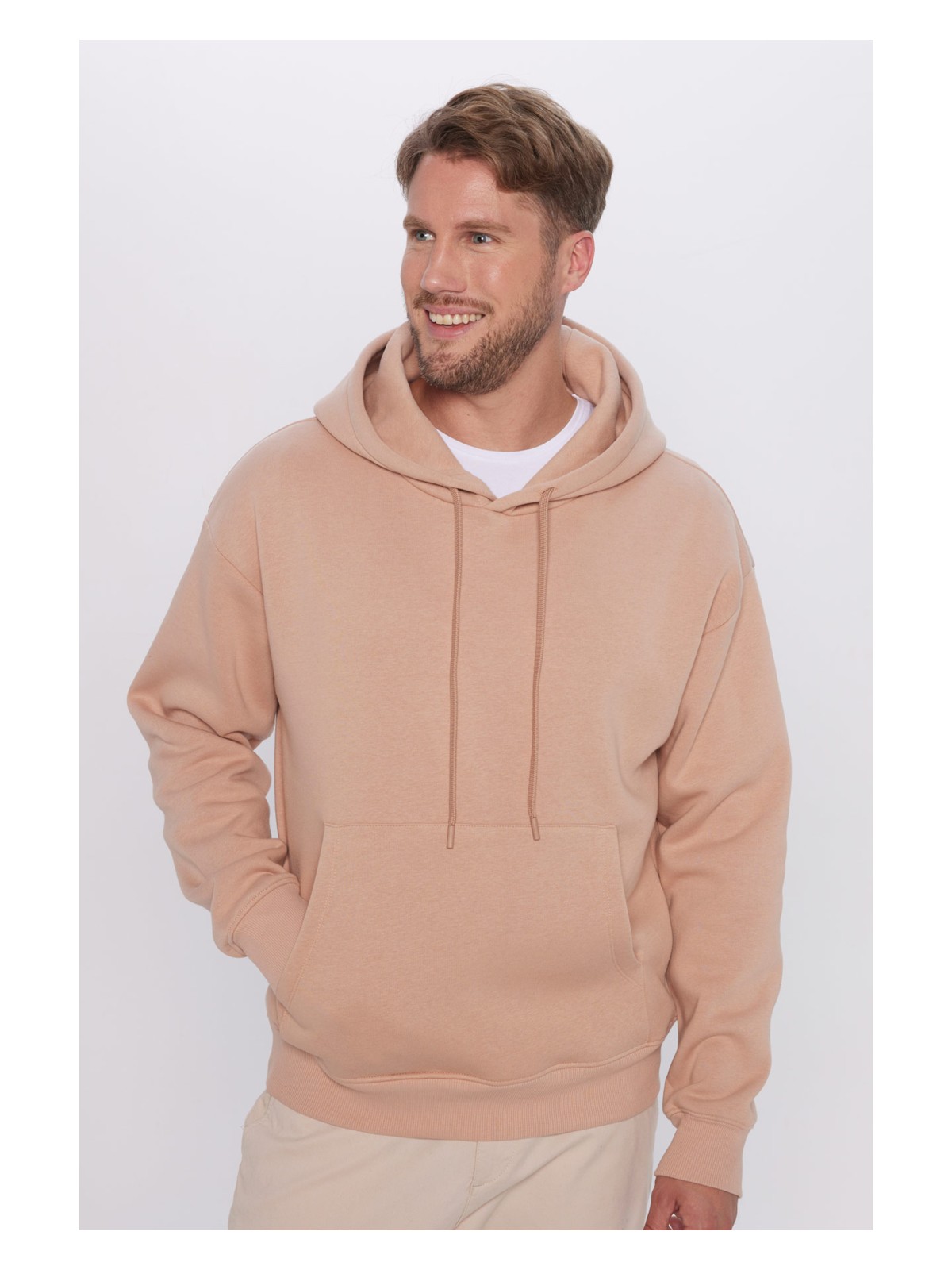 Tudors Unisex Oversize Geniş Kesim Pamuklu Yumuşak Dokulu Içi Polarlı Basic Vizon Renk Kapüşonlu Sweatshirt