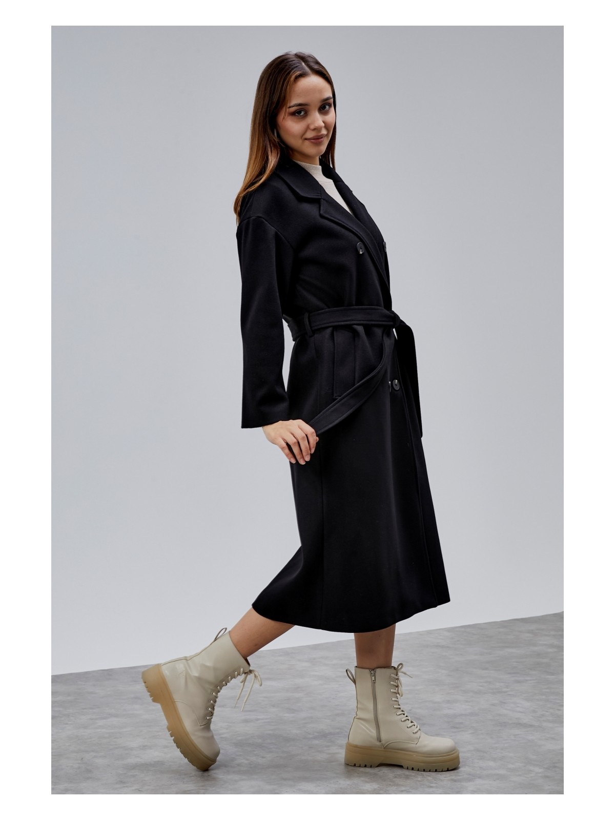 Bolivente Gri Kruvaze Kapama Belden Bağlamalı Geniş Kalıp Kaşe Kaban - Görsel 3