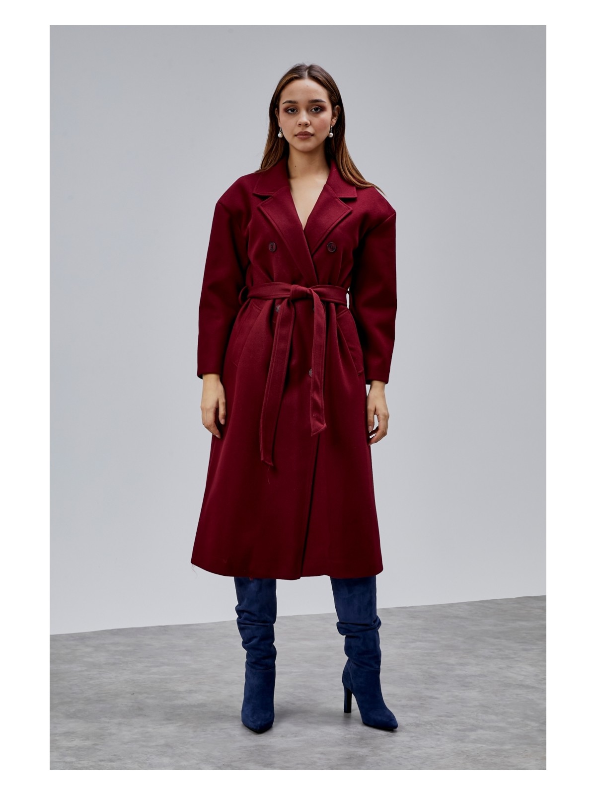 Bolivente Bordo Kruvaze Kapama Belden Bağlamalı Geniş Kalıp Kaşe Kaban