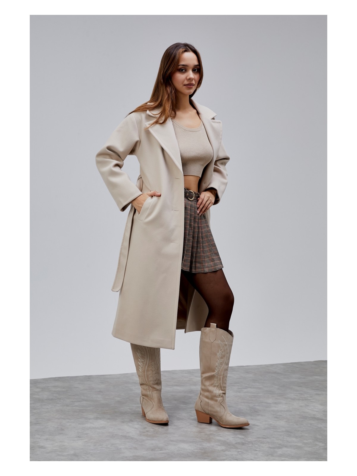 Bolivente Bej Premium Oversize Kemerli Kaşe Kaban