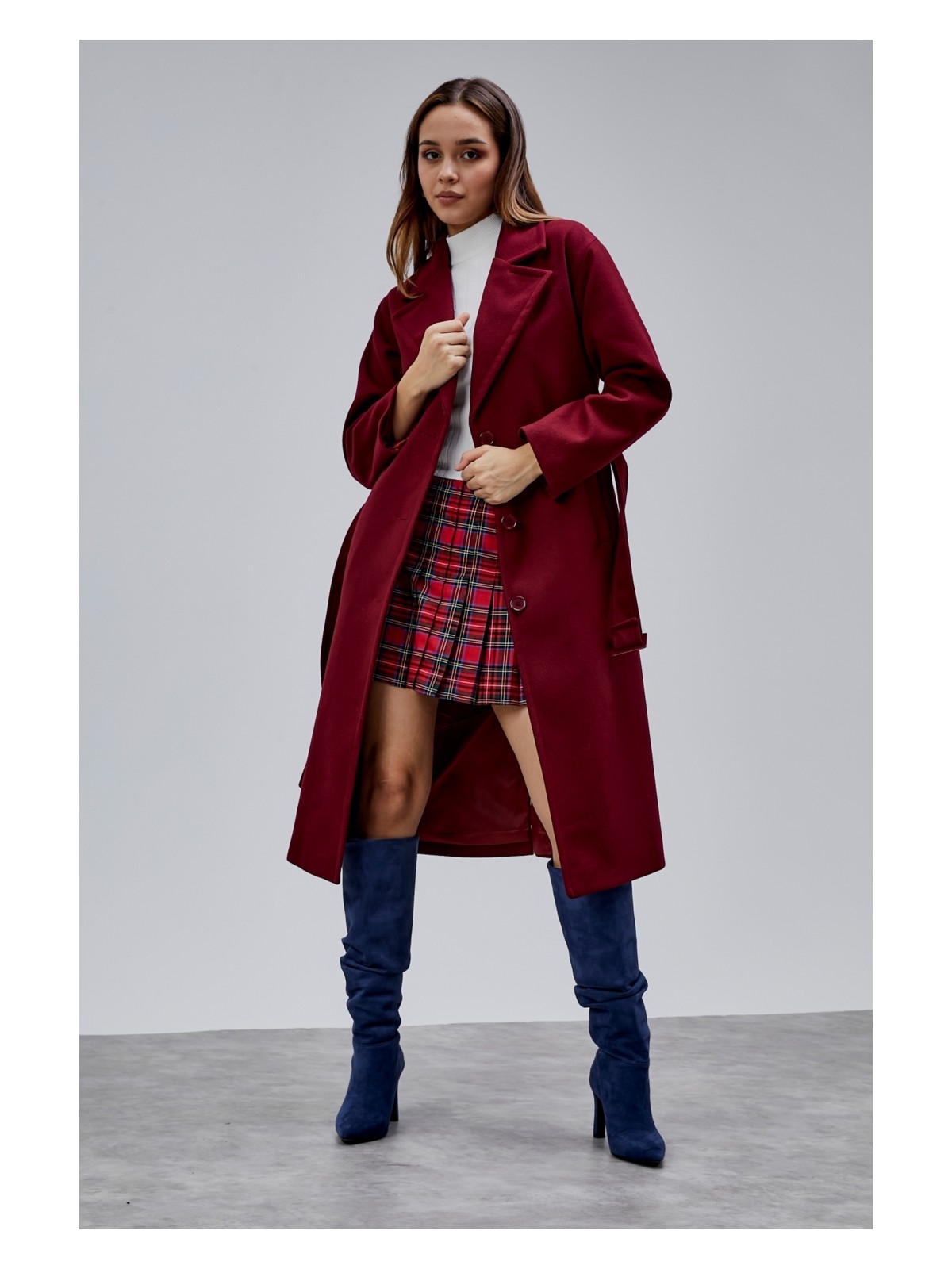 Bolivente Bordo Premium Oversize Kemerli Kaşe Kaban