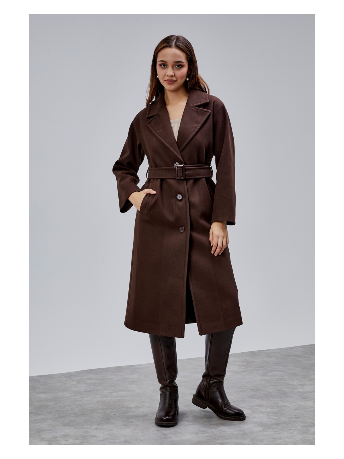 Bolivente Siyah Premium Oversize Kemerli Kaşe Kaban - Görsel 5