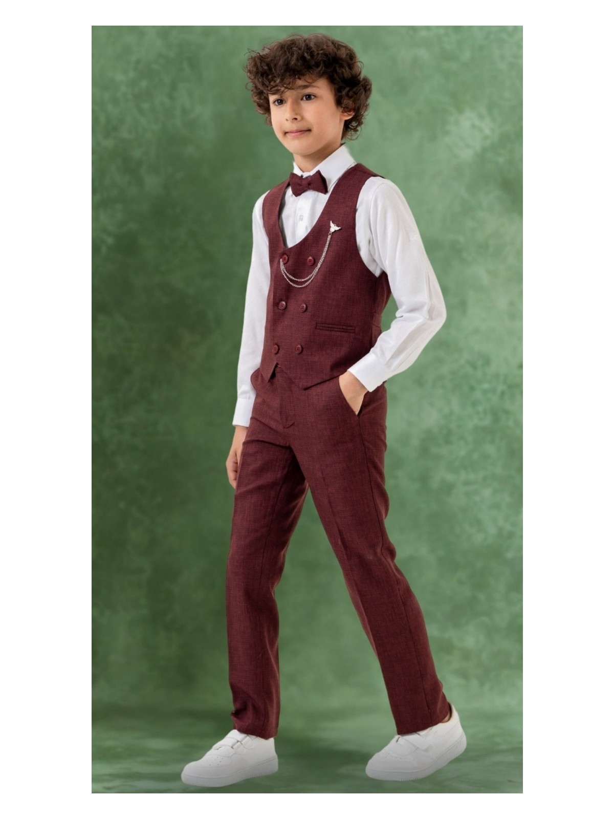 Erkek Çocuk Smokin Takım Elbise – Pantolonlu Yelekli Papyonlu Gömlekli Zincirli 5’li Set - Görsel 5