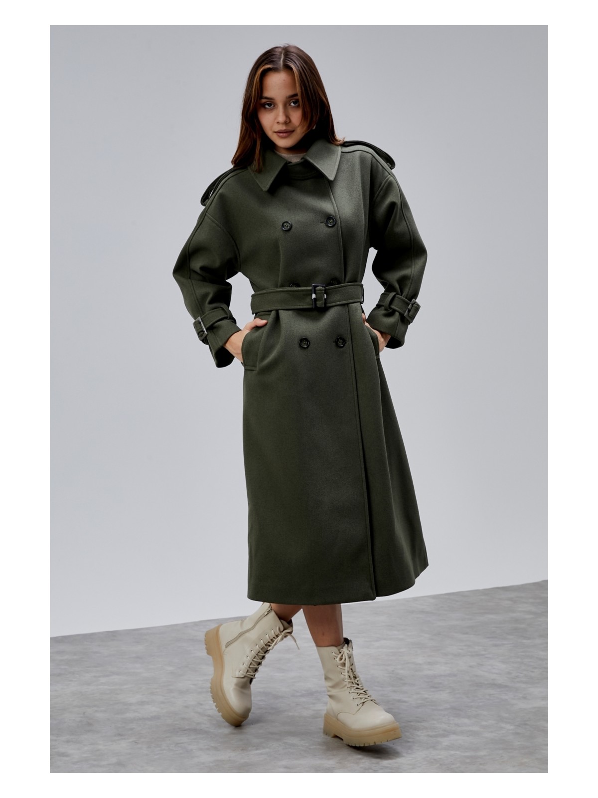 Bolivente Haki Kuşaklı Oversize Kaşe Kaban 44577