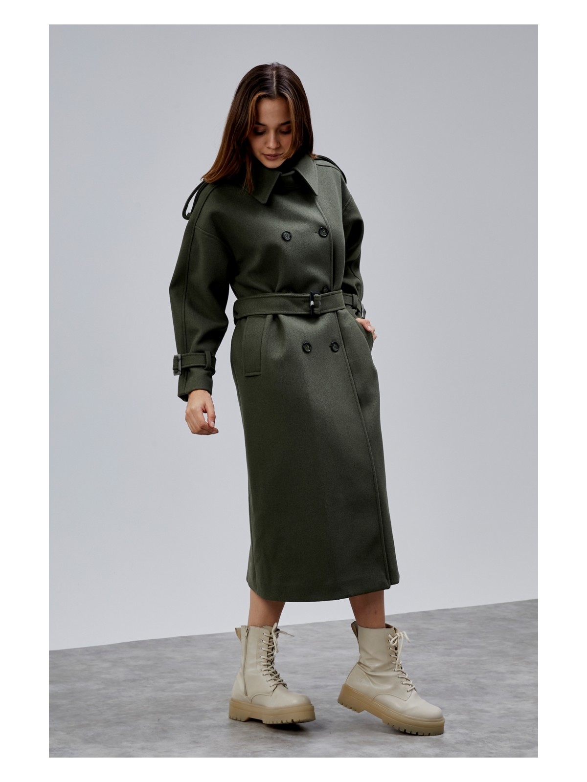 Bolivente Haki Kuşaklı Oversize Kaşe Kaban 44577 - Görsel 2