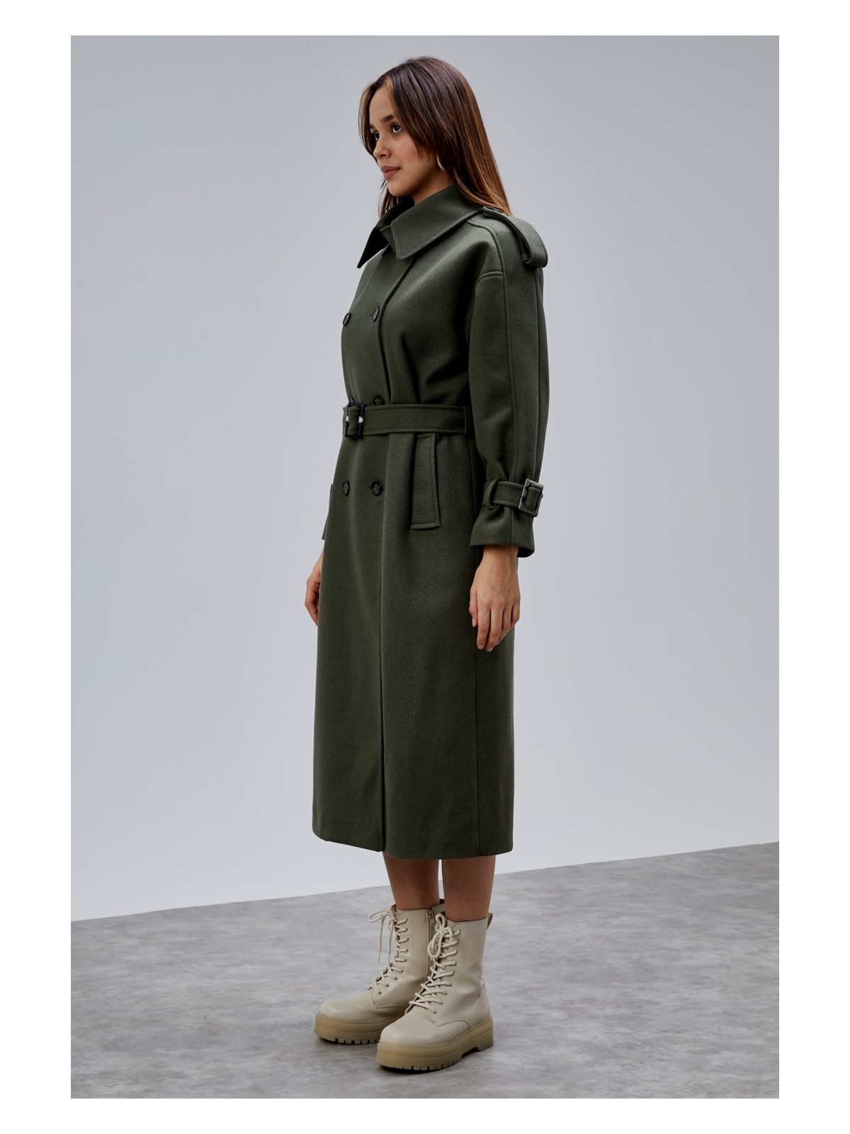 Bolivente Haki Kuşaklı Oversize Kaşe Kaban 44577 - Görsel 4