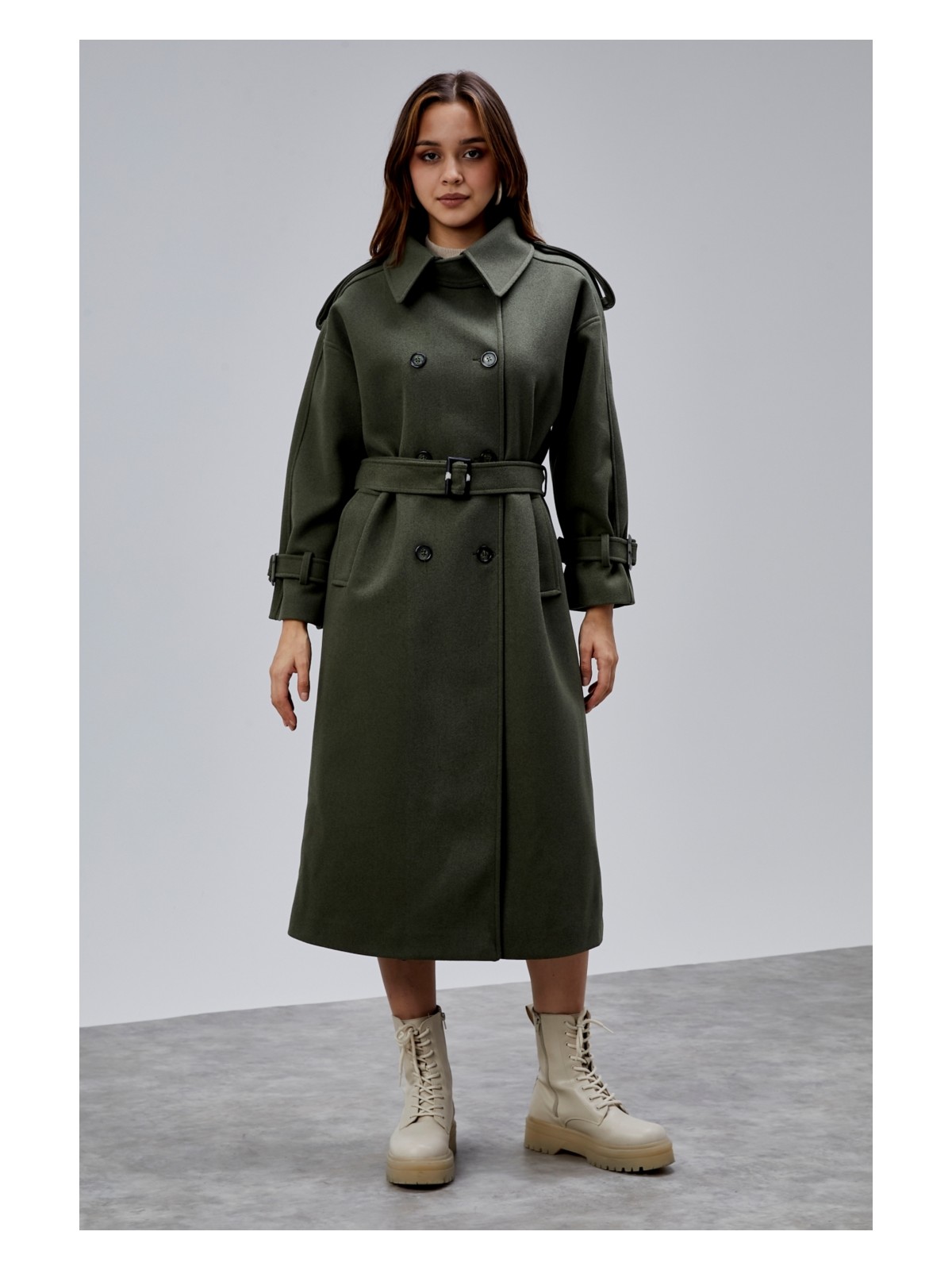 Bolivente Haki Kuşaklı Oversize Kaşe Kaban 44577 - Görsel 5
