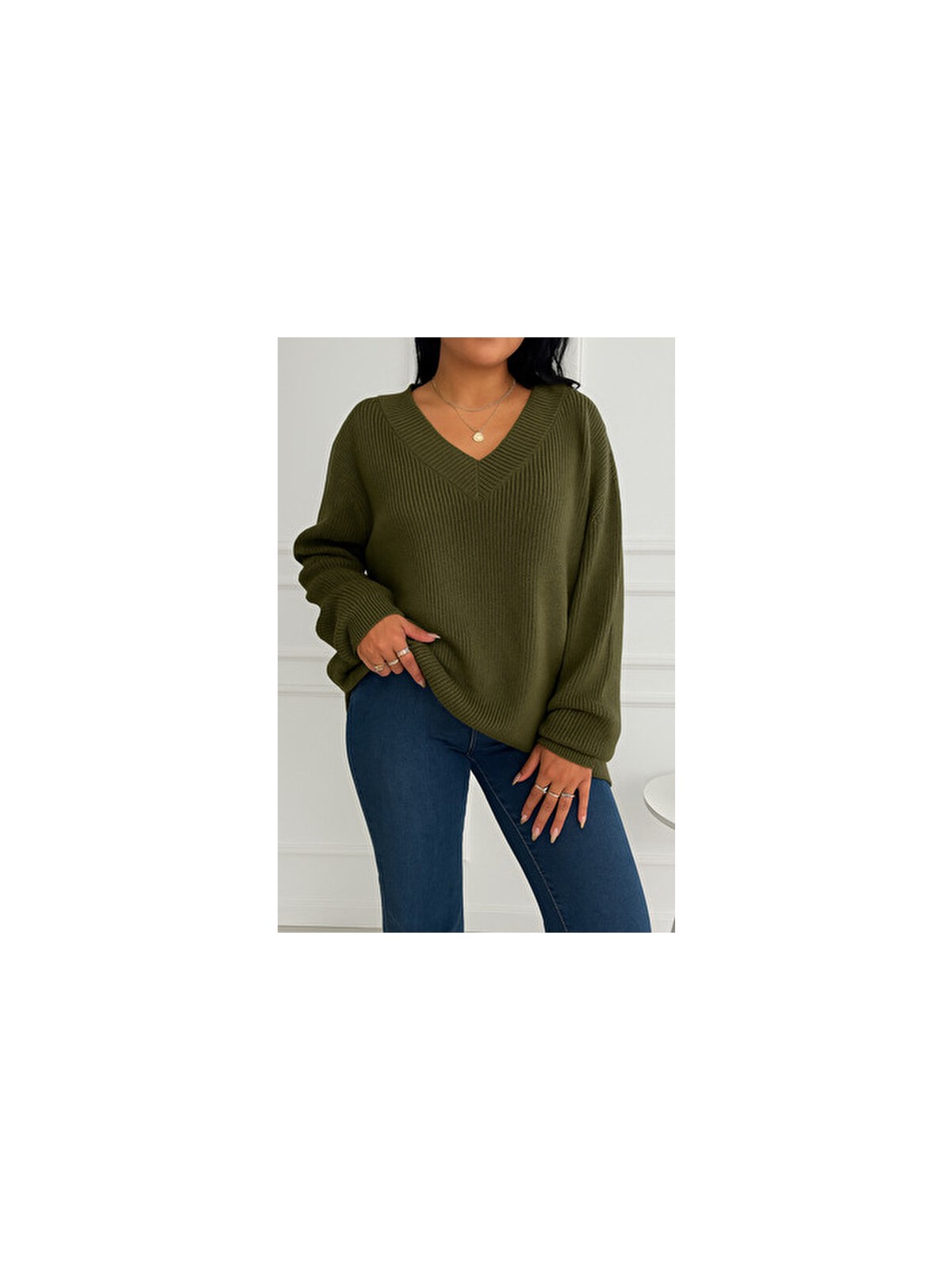 Efendix Büyük Beden Kadın Triko Kazak V Yaka Düz Renkli Uzun Kol Casual Stil - Görsel 7