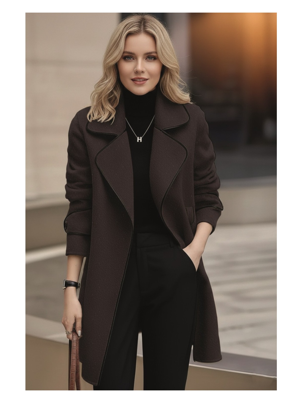 Kaşe Kadın Şık Yaka Kaban ve Kemer