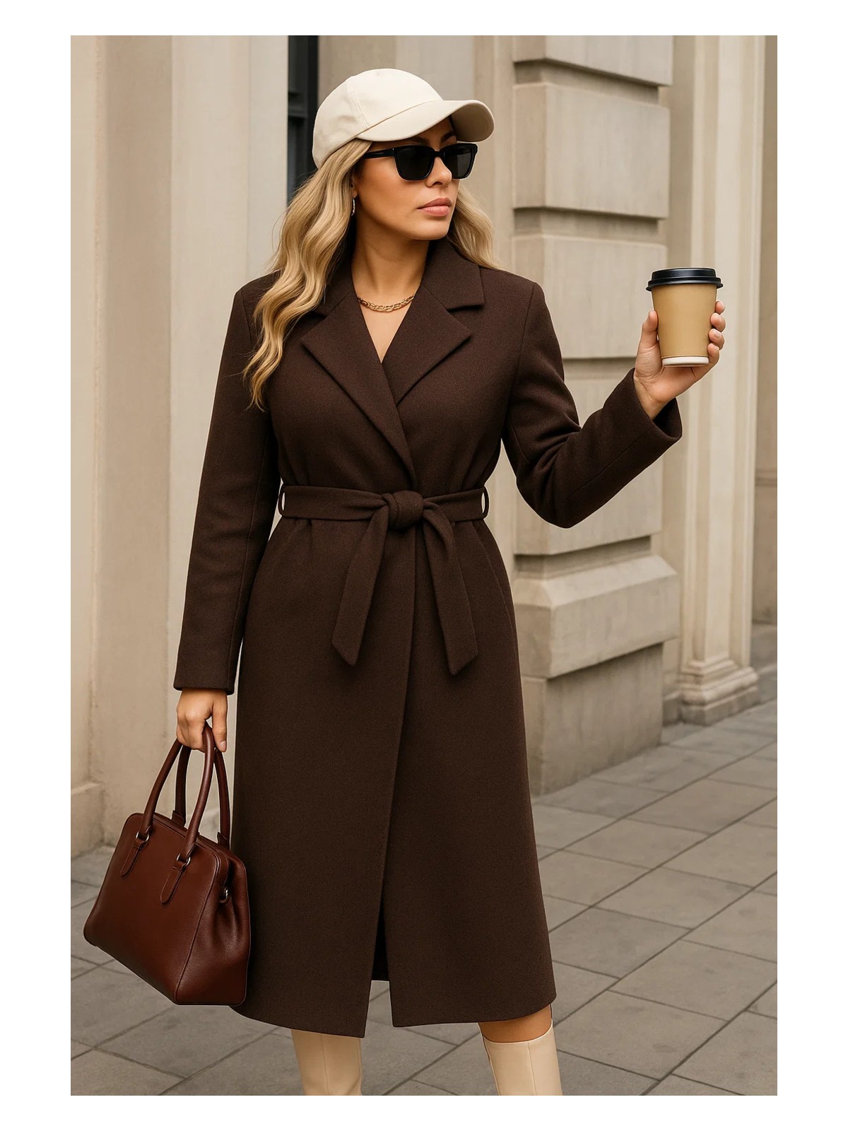 Comstar Kadın Kışlık Trend Kuşaklı Uzun Kahve Kaşe Kaban