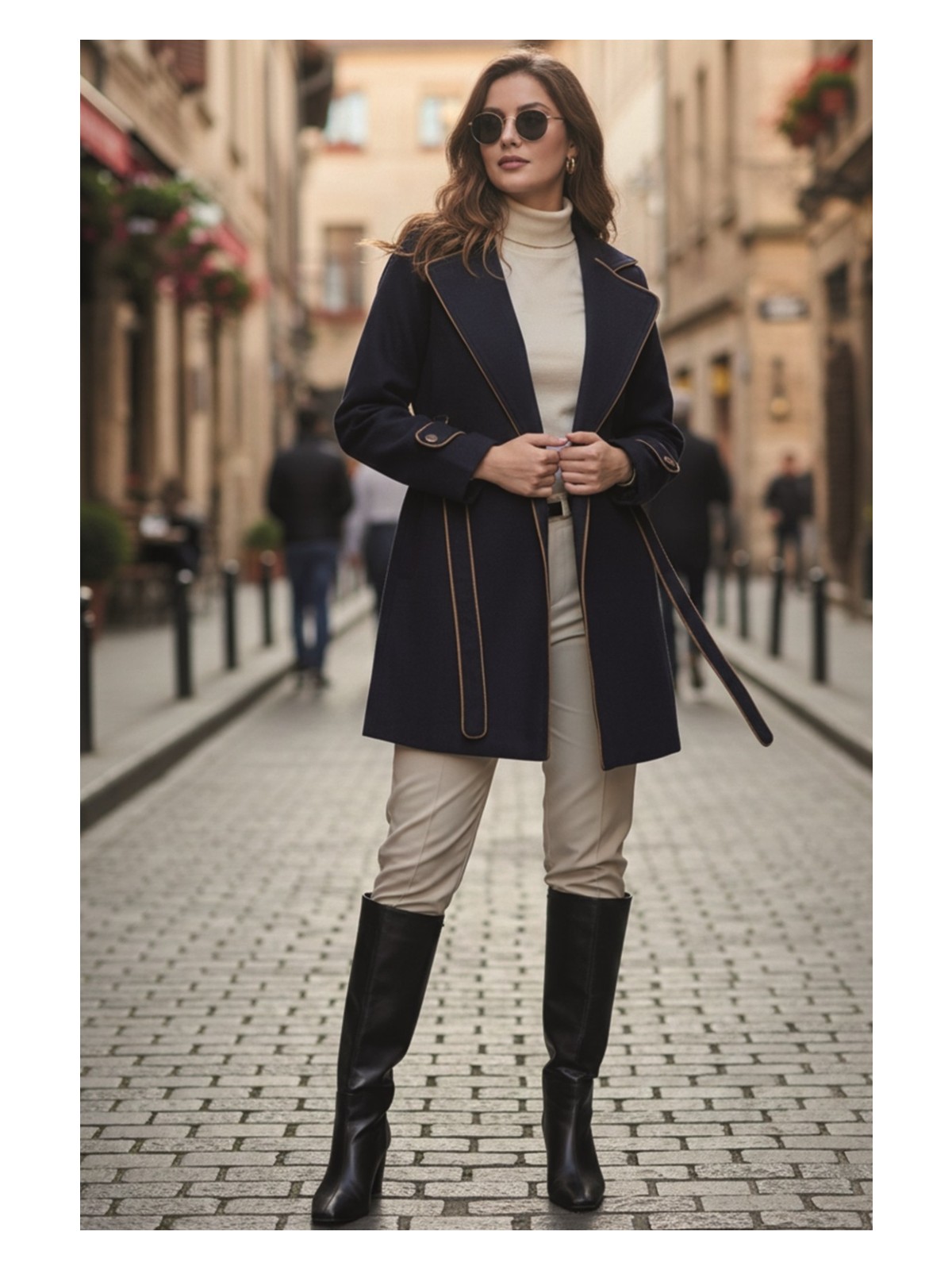 Barbora Özel Tasarım Kaşe Kadın Şık Yaka Kaban ve Kemer - Görsel 3