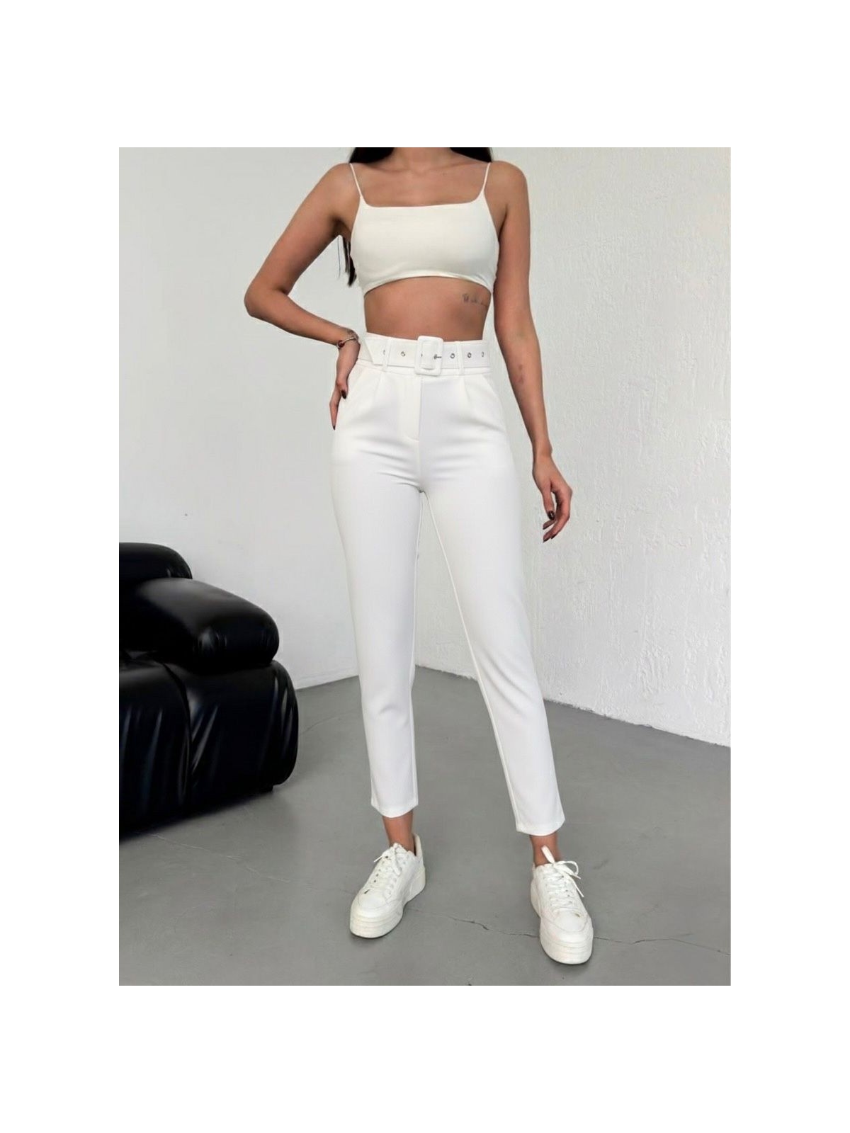 Haka Giyim Kadın Pileli Ithal Kemerli Havuç Yüksek Bel Kumaş Pantolon - Görsel 5