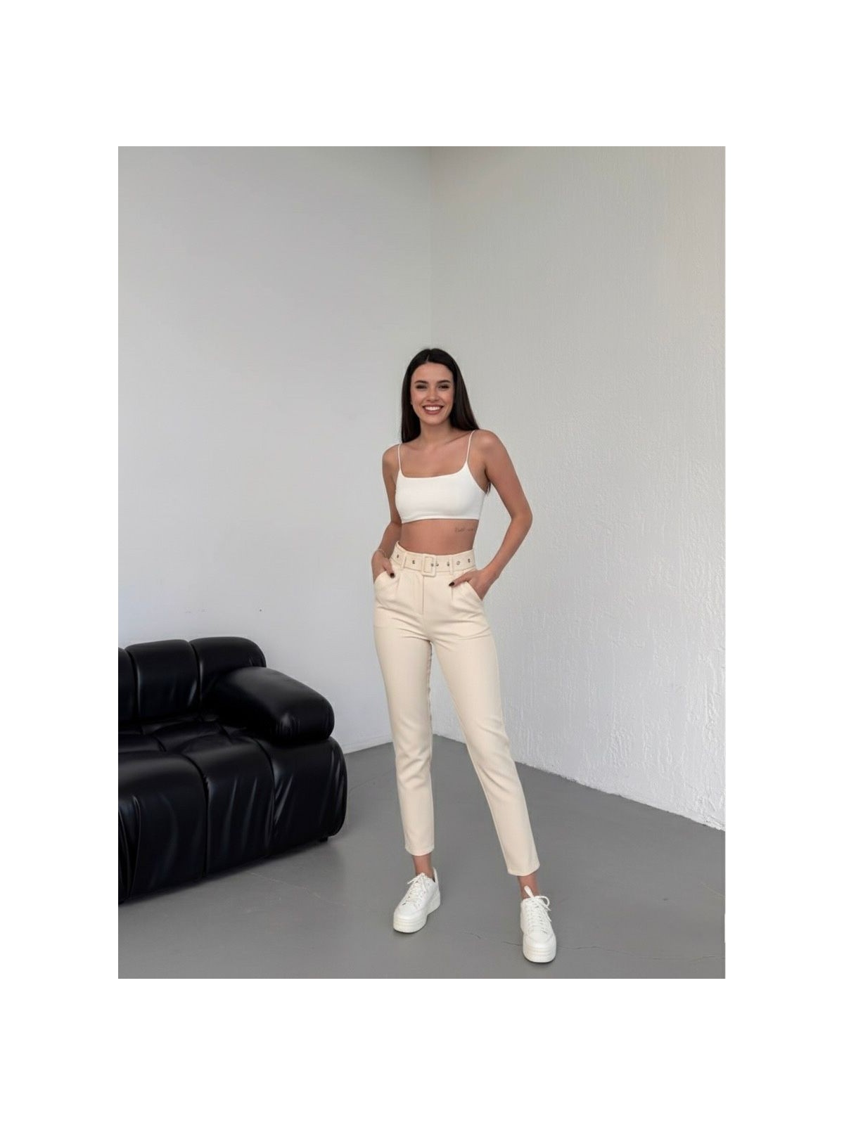 Haka Giyim Kadın Pileli Ithal Kemerli Havuç Yüksek Bel Kumaş Pantolon - Görsel 3