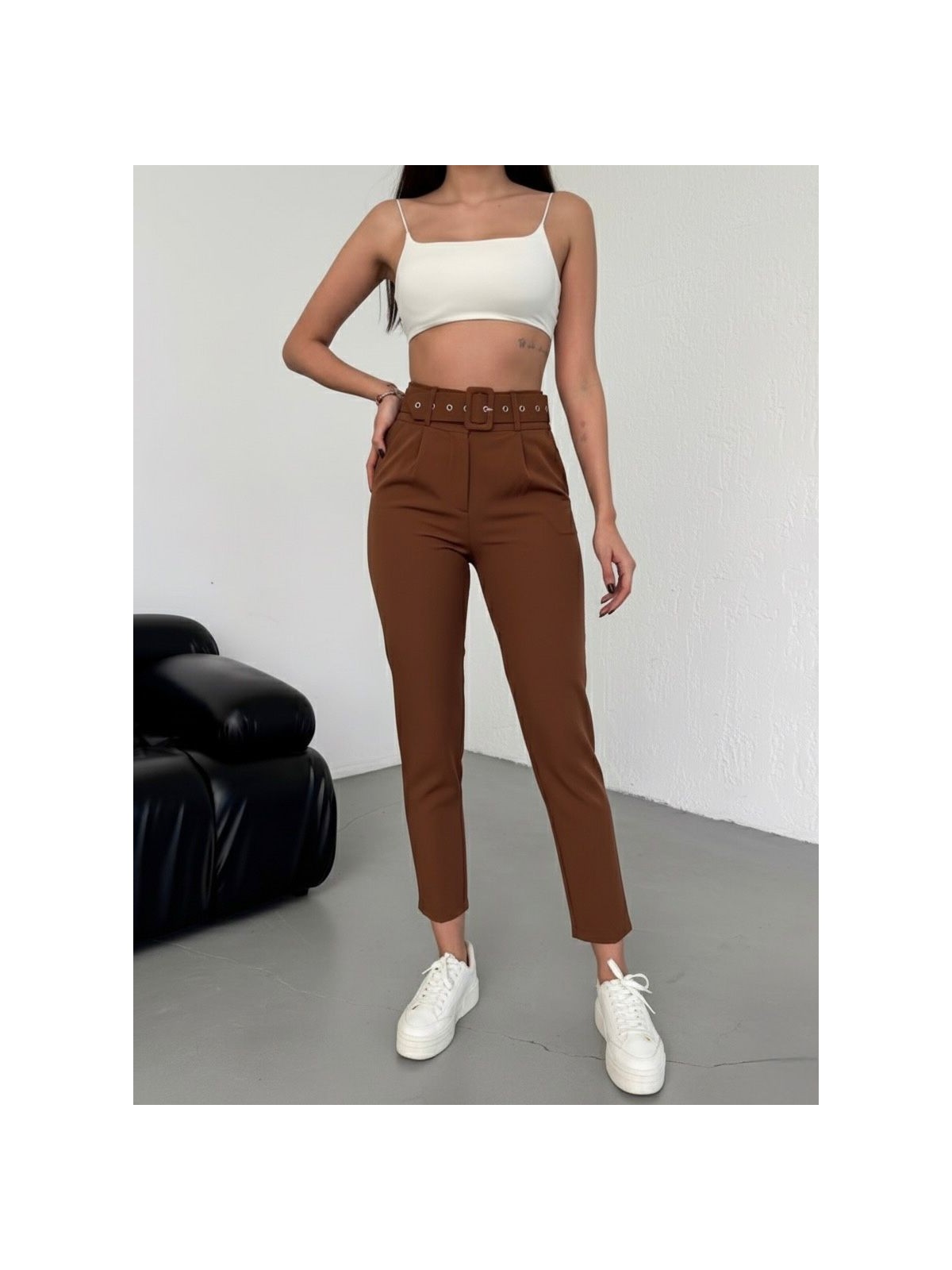 Haka Giyim Kadın Pileli Ithal Kemerli Havuç Yüksek Bel Kumaş Pantolon - Görsel 6