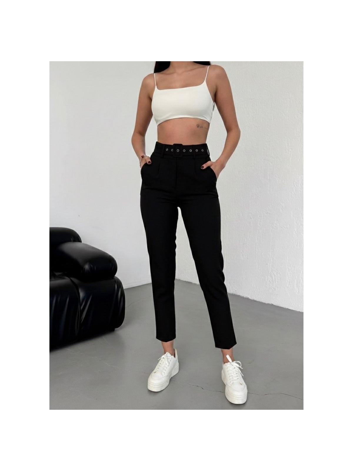 Haka Giyim Kadın Pileli Ithal Kemerli Havuç Yüksek Bel Kumaş Pantolon - Görsel 7