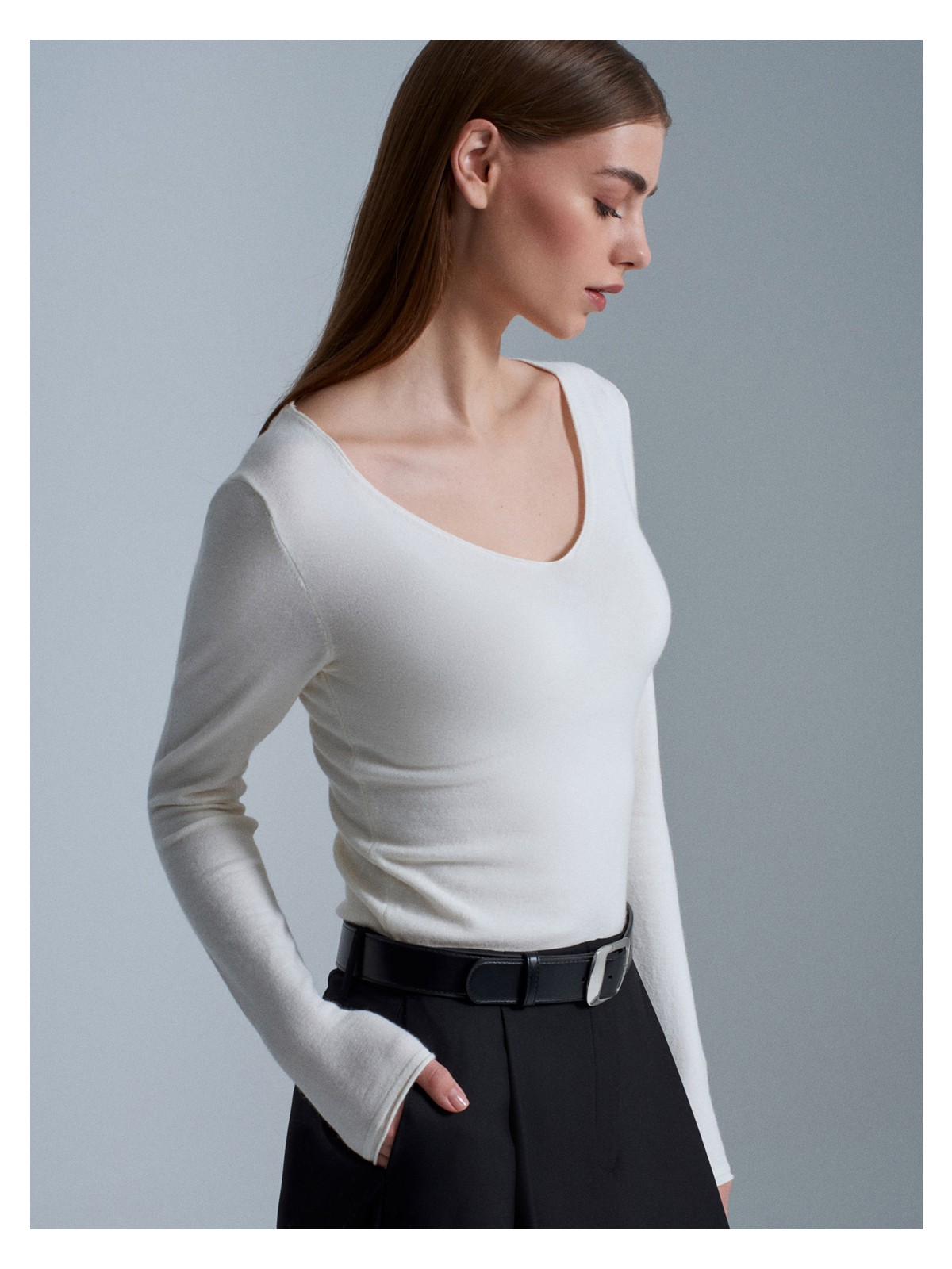 Dilvin 10842 V Yaka Kaşmirli Ultra Hafif Triko Kazak-Açık Sarı - Görsel 3