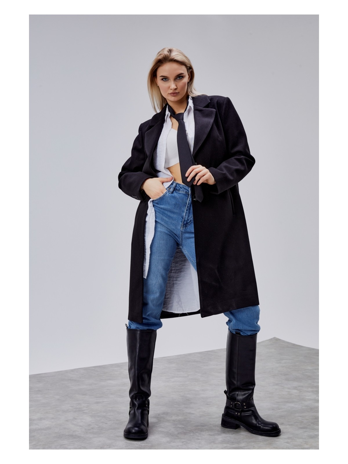 Bolivente Rosalia Lacivert Oversize Kruvaze Kaşe Kaban - Görsel 3