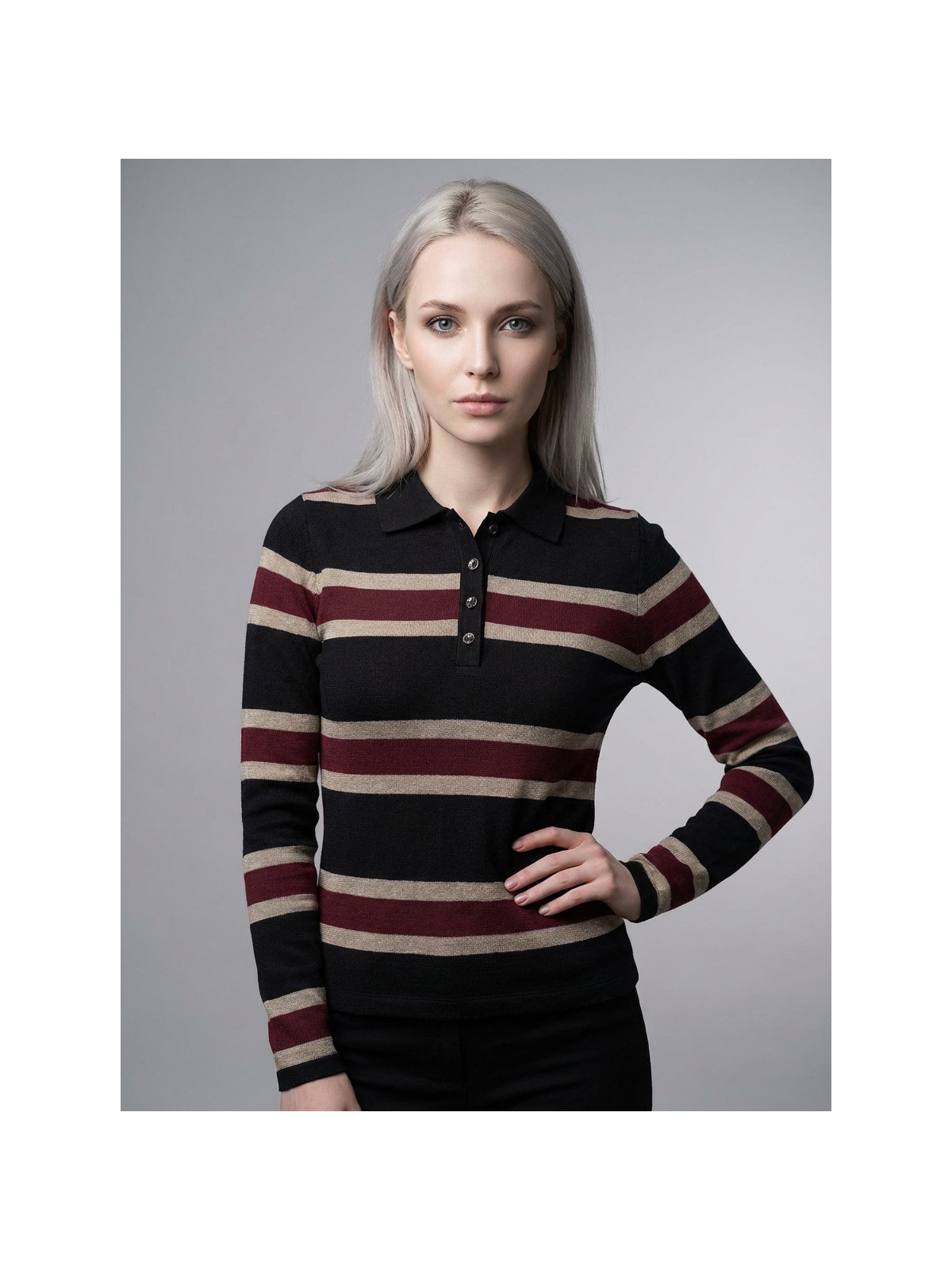 Şiir Chepo Kadın Slim Kalıp Çizgili Polo Yaka Düğmeli Uzun Kollu Kazak & Bluz & Top - Siyah