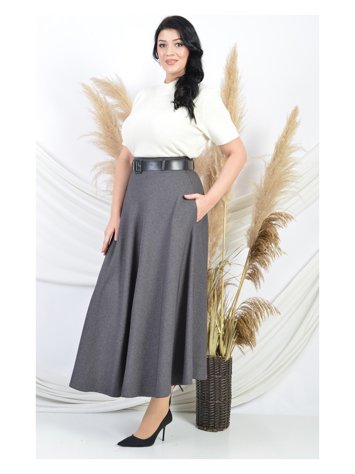 Soralline Kadın Kışlık Kloş Etek 779 Gri 95 cm Boyunda Astarlı