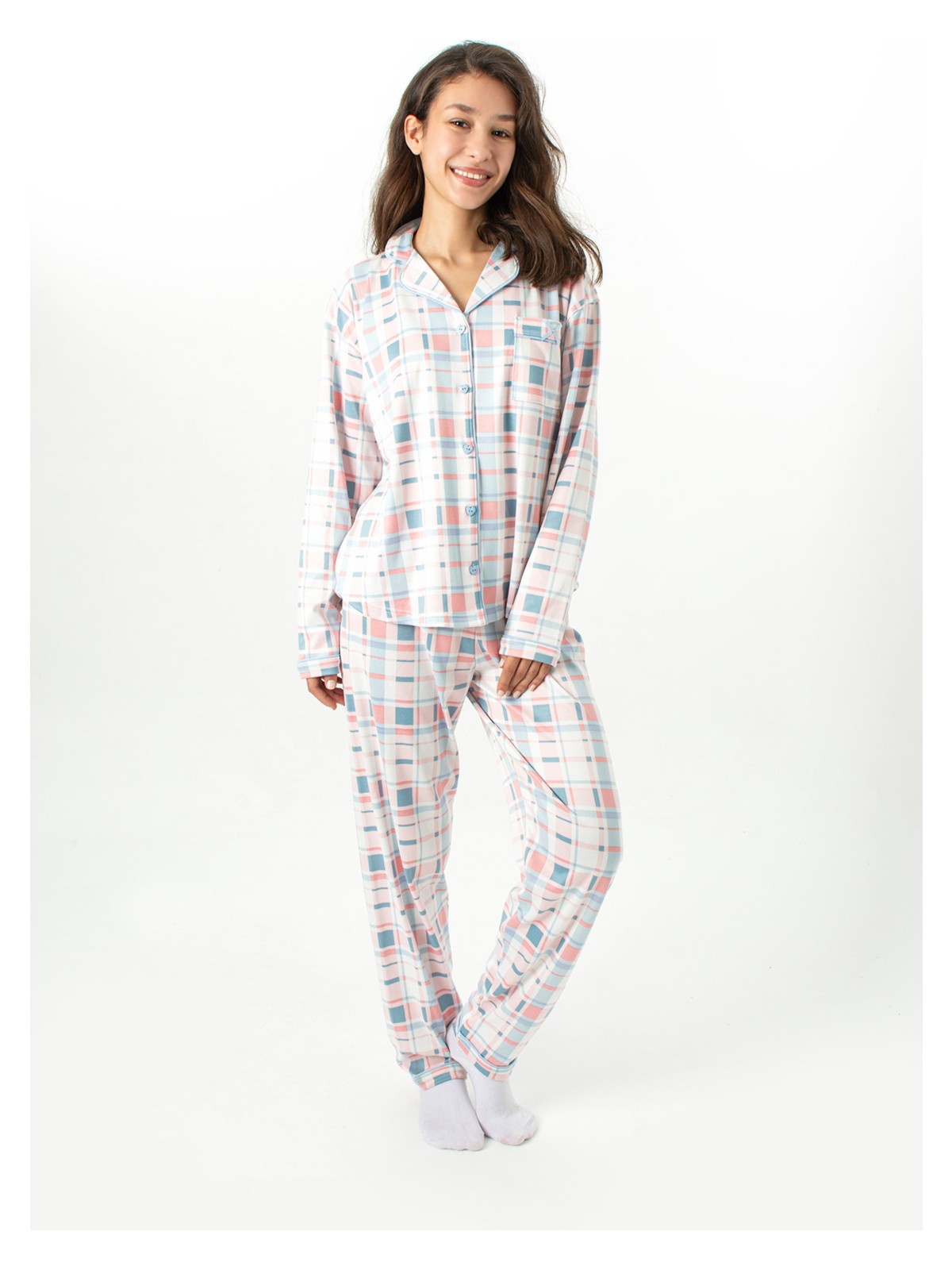 Ecrou Kadın Bebe Mavi Ekose New Start Bebe Yaka Uzun Kol Pantolon Pijama Takım