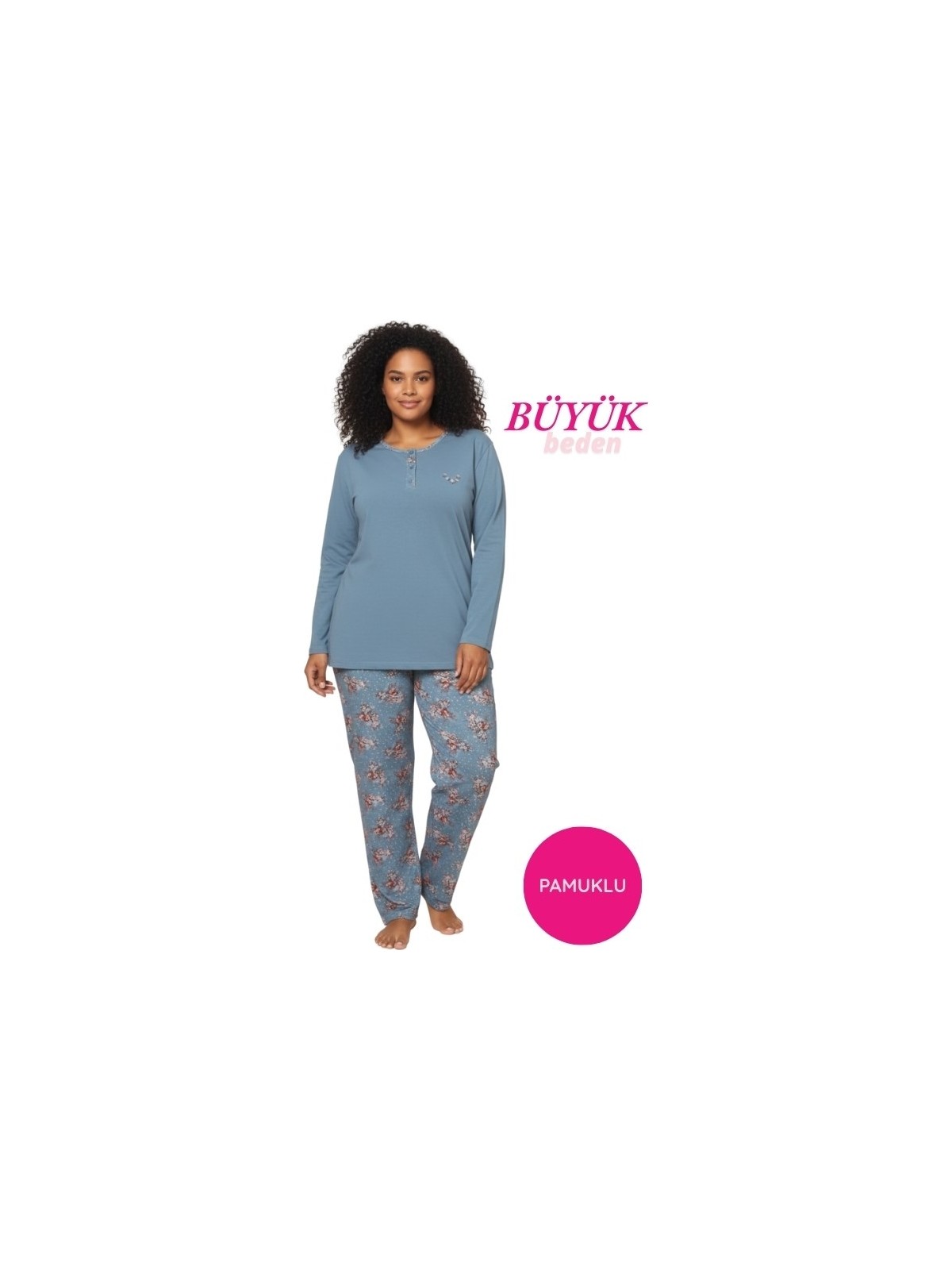 Alimer Kadın Mürdüm Büyük Beden Çiçek Desen 3 Düğme Pamuk Likra Mevsimlik Uzun Kol Pijama Takımı - Görsel 5