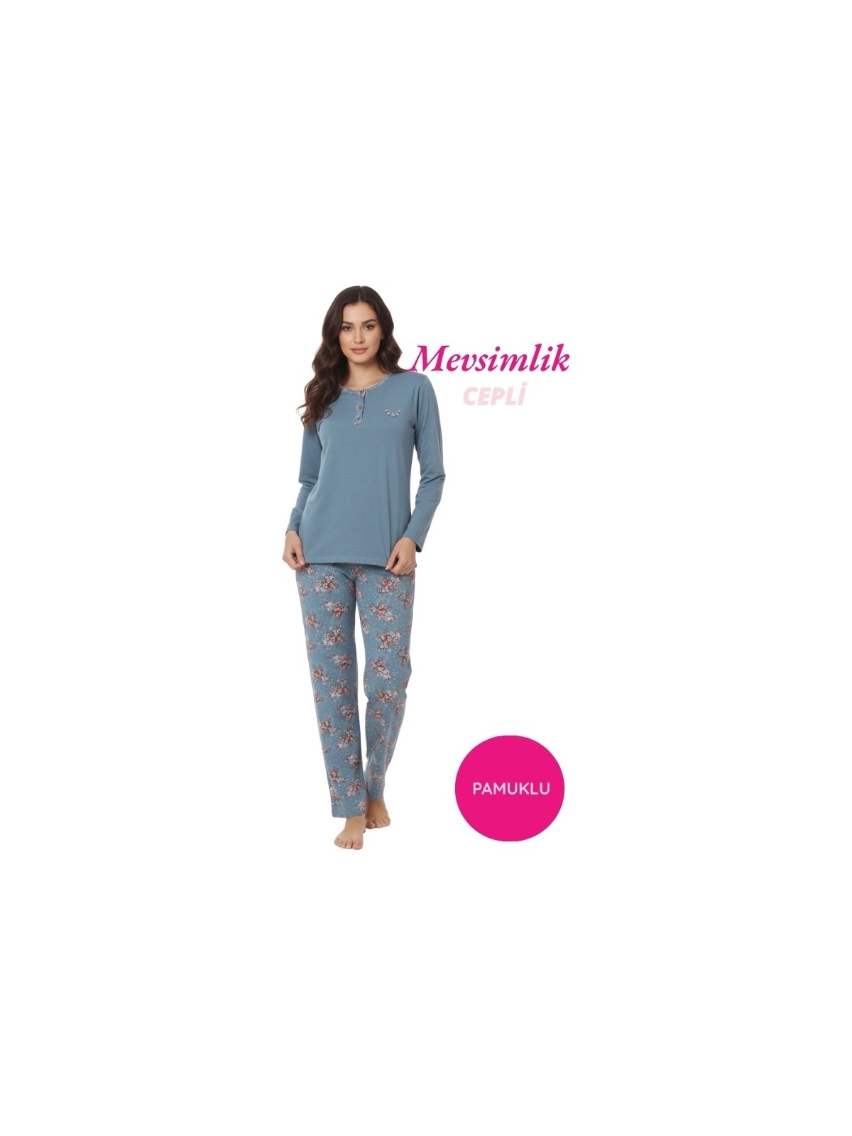 Alimer Kadın Mürdüm Büyük Beden Çiçek Desen 3 Düğme Pamuk Likra Mevsimlik Uzun Kol Pijama Takımı - Görsel 3