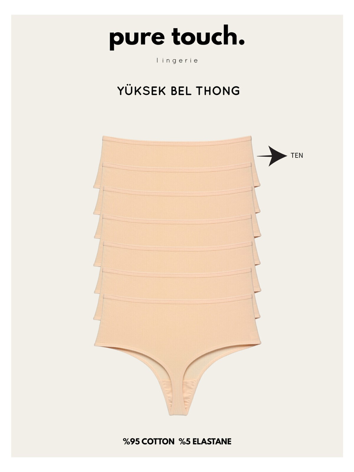 Pure Touch Lingerie Kadın Yüksek Bel Tanga Külot 7'li Paket /siyah-Ten-Beyaz-Gri - Görsel 4