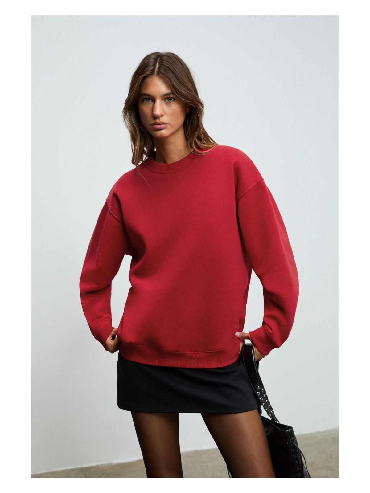 Grimelange Karıus Kadın Organik Pamuklu Içi Polarlı Oversize Yuvarlak Yakalı Bordo Sweatshirt