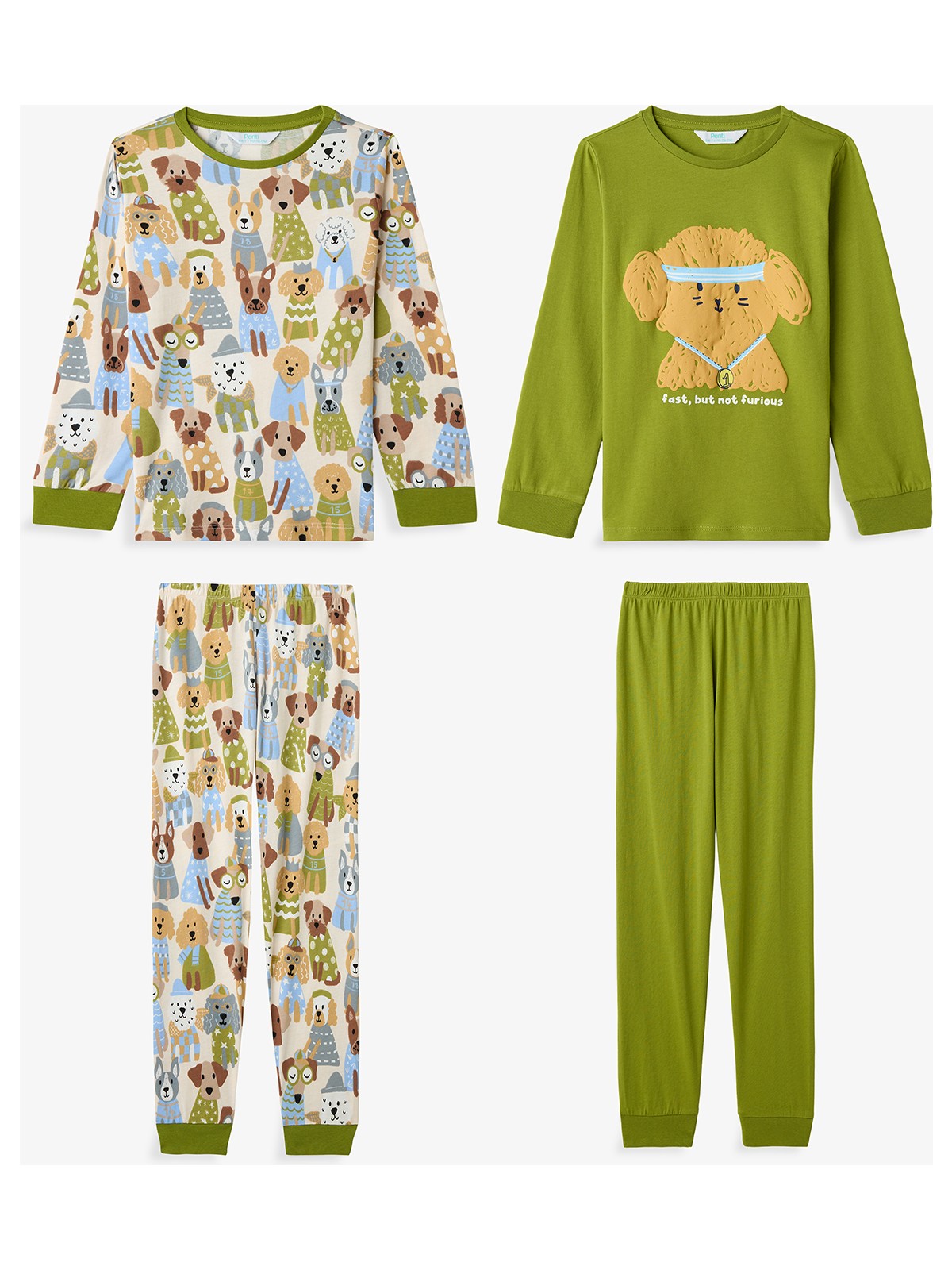 Penti Yağ Yeşili Erkek Çocuk Runner Dog Uzun Kollu Pamuklu 2'li Pijama Takımı