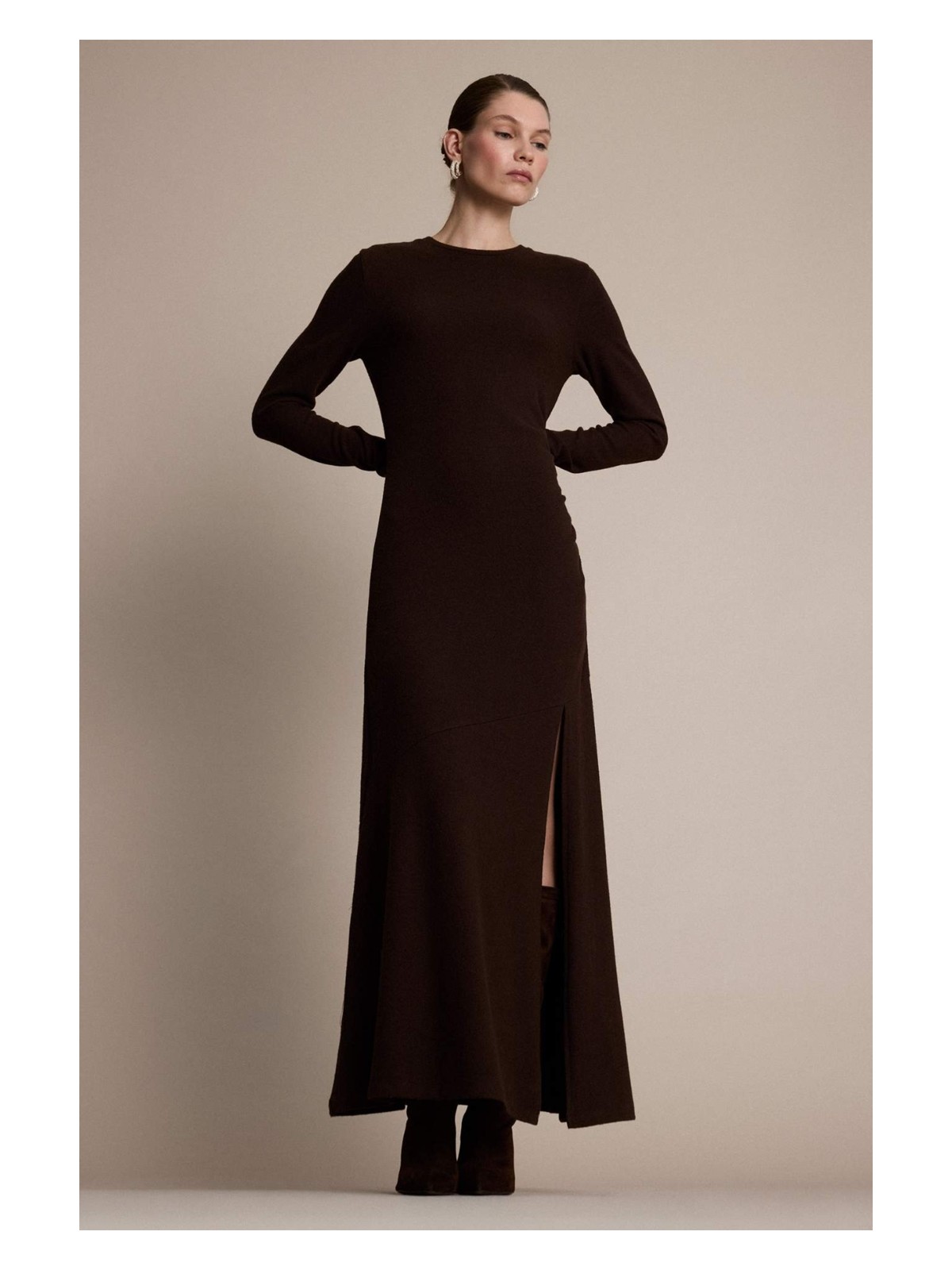 DeFacto Bisiklet Yaka Yırtmaçlı Uzun Kollu Midi Elbise G6503AX25AU