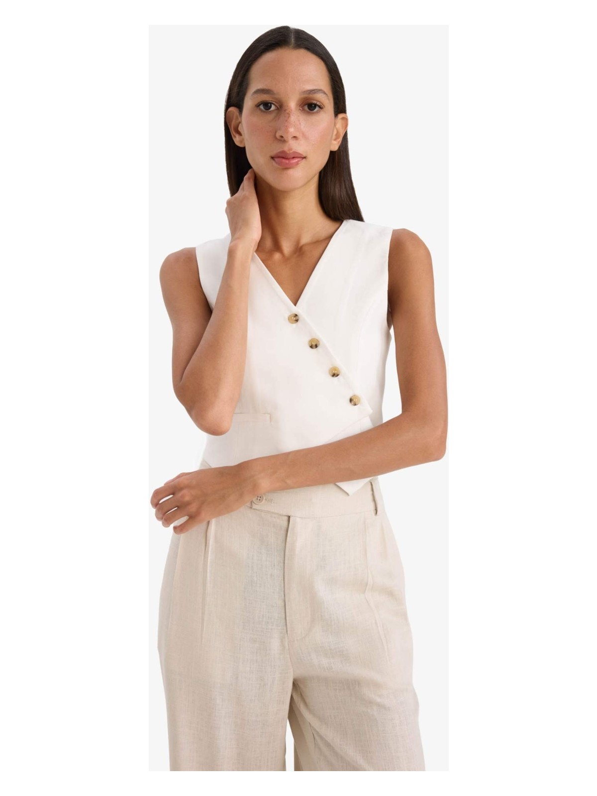 DeFacto Regular Fit V Yaka Çapraz Düğmeli Tencel Blazer Yelek D4568AX25SP