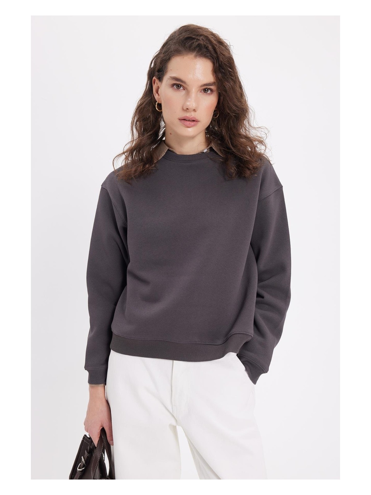 Tudors Kadın Oversize Geniş Kesim Pamuklu Bisiklet Yaka Füme Sweatshirt