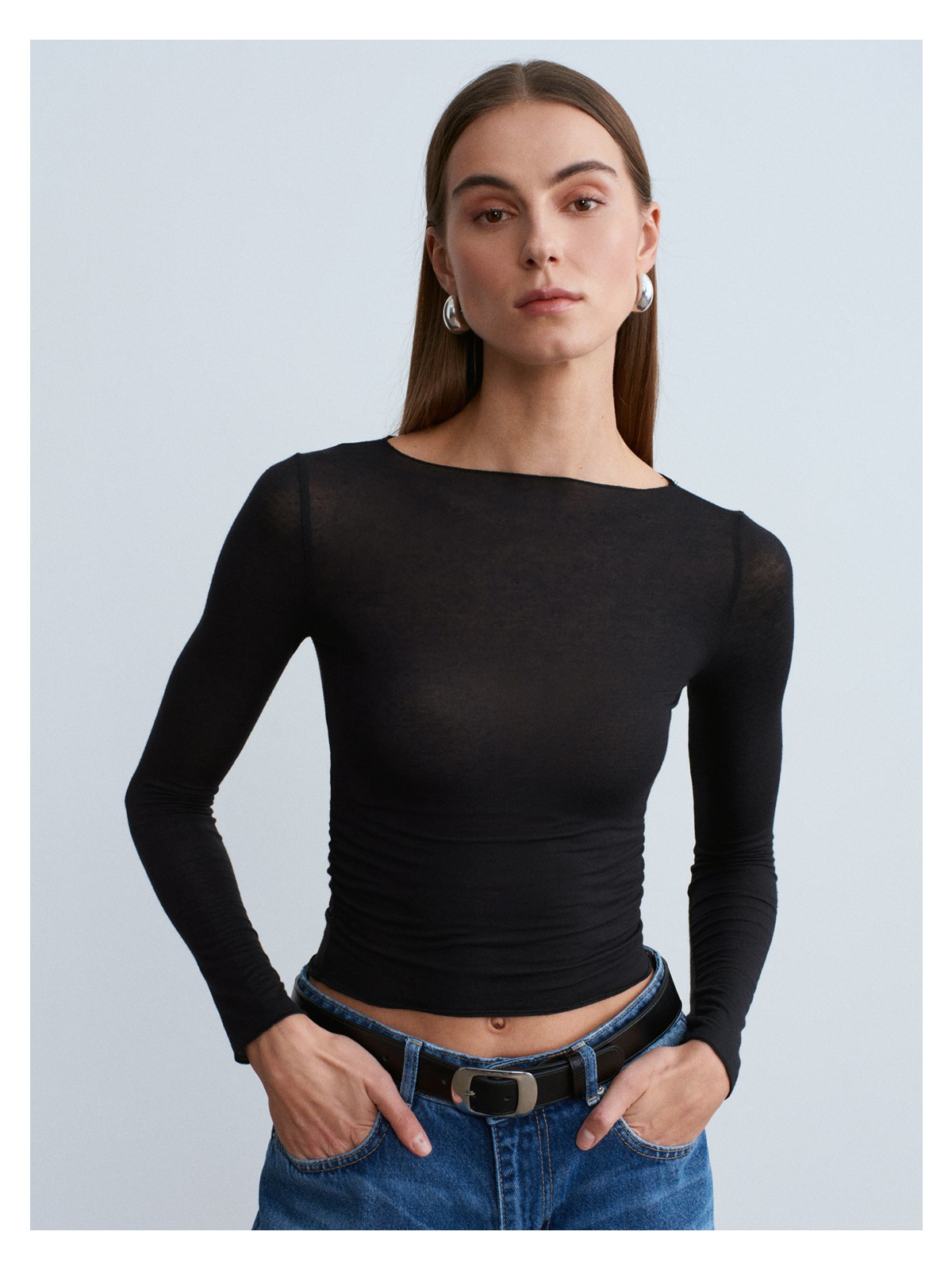 Dilvin 32371 Kaşmir Karışımlı Kayık Yaka Büzgülü Top-Siyah