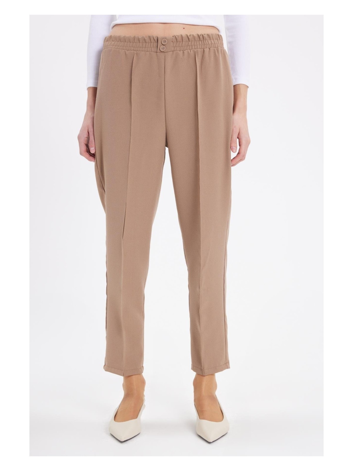 Tudors Kadın Relax Fit Rahat Kesim Yüksel Bel Düz Paça Beli Lastikli Vizon Pantolon