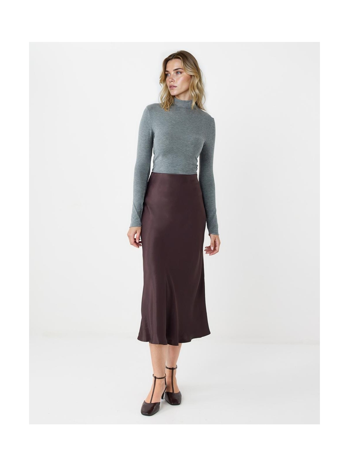 Jimmy Key Acı Kahve Dar Kesim Normal Bel Midi Saten Etek