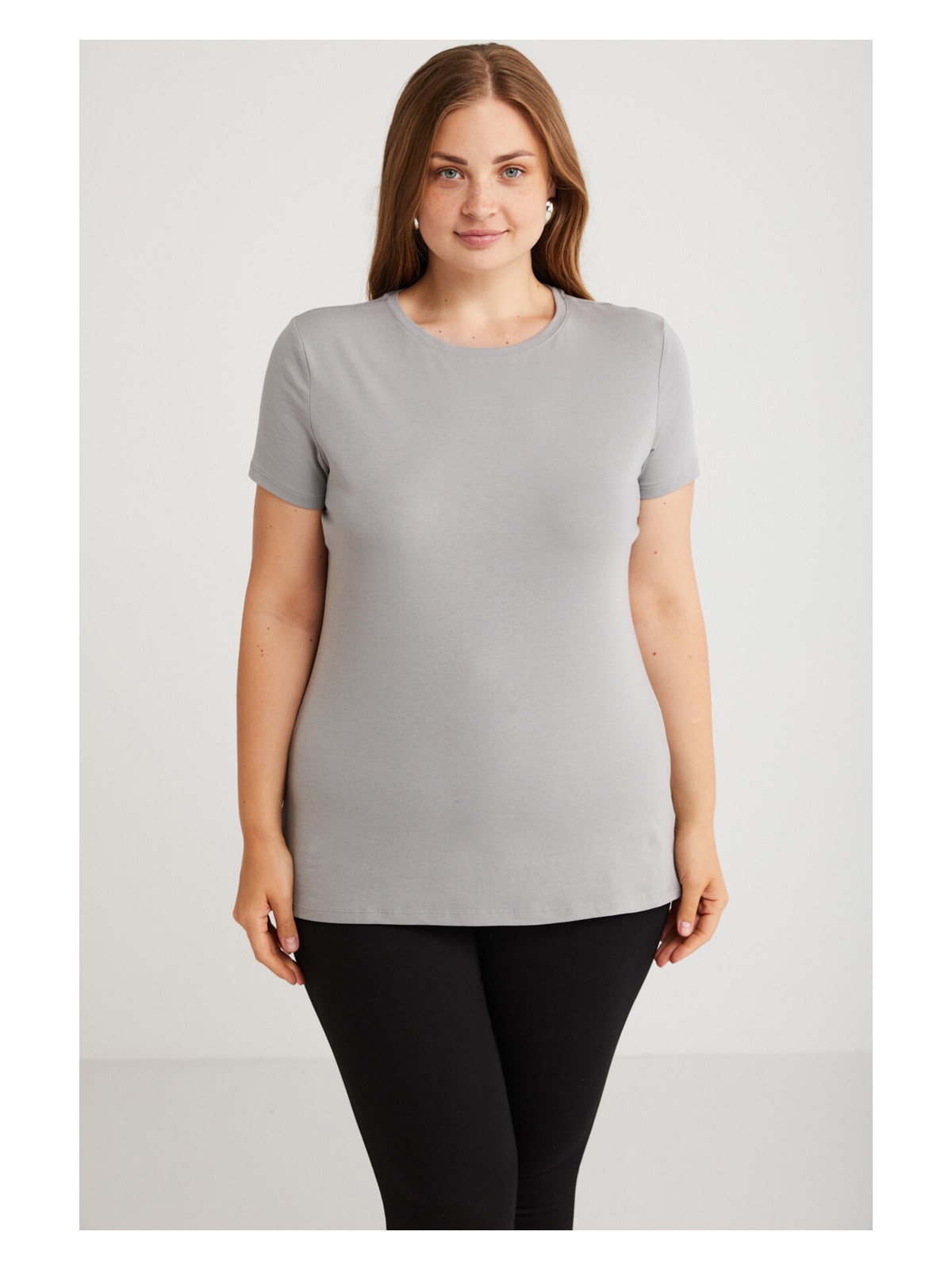 Ethiquet Mayra Kadın Slim Fit Dar Kalıp Bisiklet Yaka Basıc Kahverengi Büyük Beden T-shirt - Görsel 4