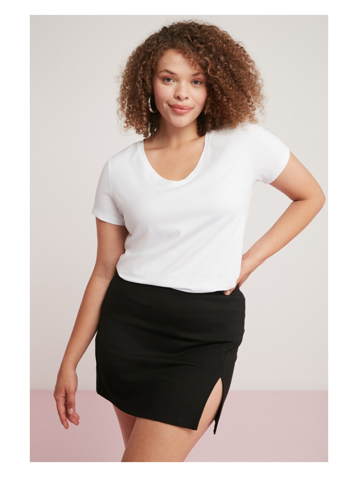 Ethiquet Loren Kadın Pamuklıu Regular Fit V Yaka Kısa Kollu Beyaz Büyük Beden Body