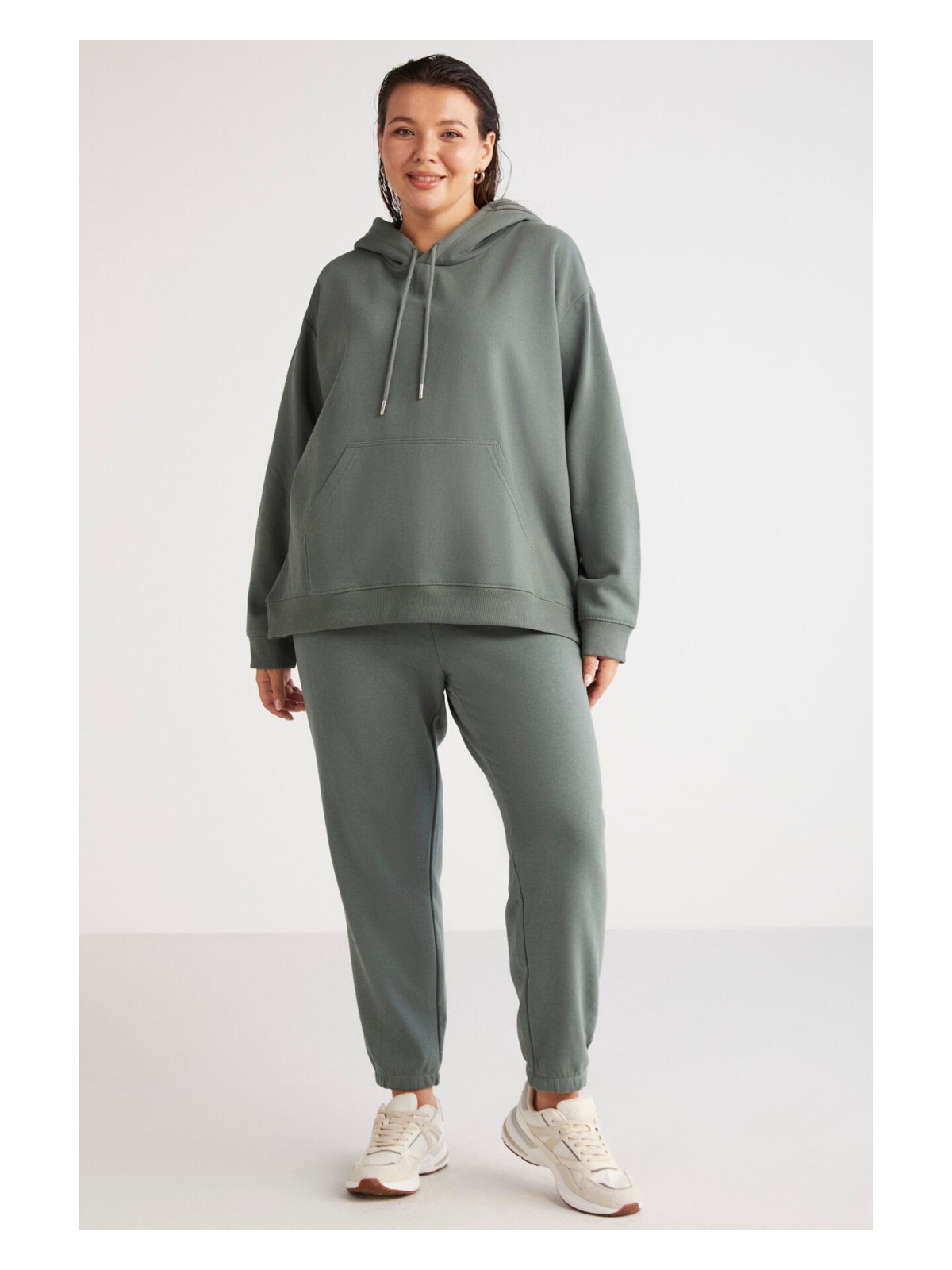 Ethiquet Terezabb Kadın İçi Polarlı Yumuşacık Comfort Fit Kapüşonlu Kanguru Cep Yeşil Büyük Beden Sweatshirt