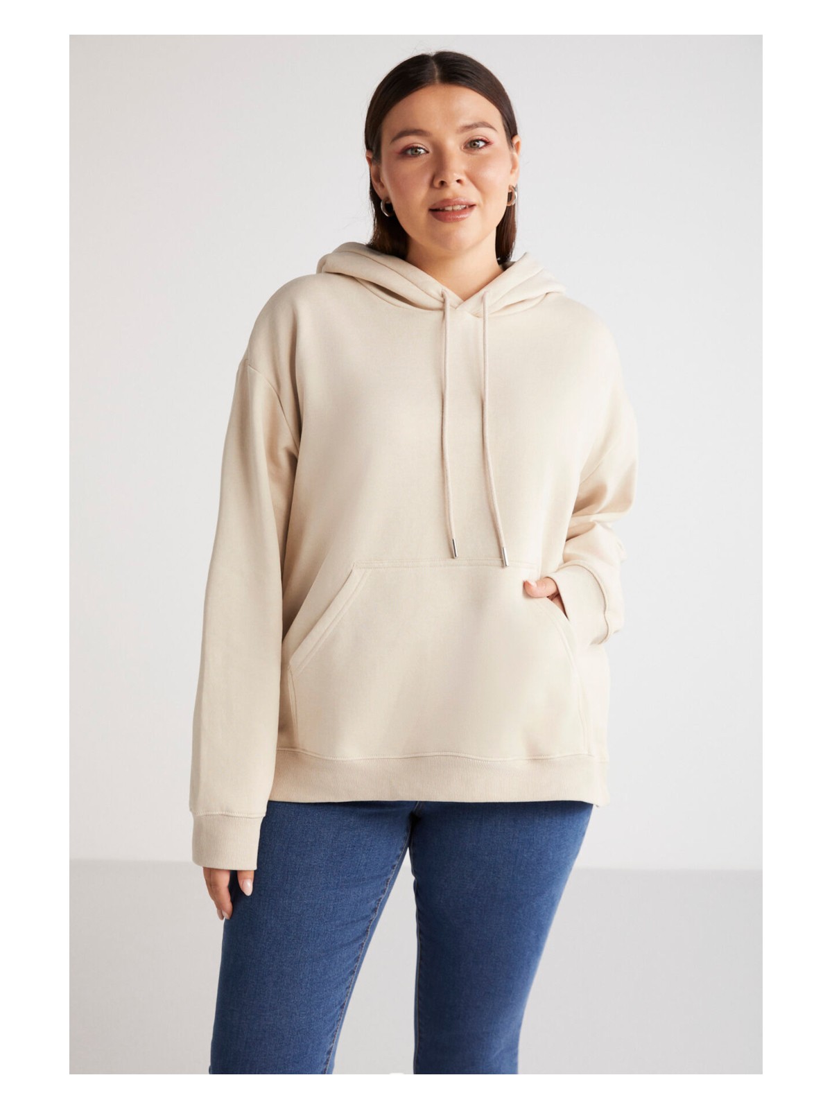 Ethiquet Terezabb Kadın İçi Polarlı Yumuşacık Comfort Fit Kapüşonlu Kanguru Cep Yeşil Büyük Beden Sweatshirt - Görsel 5