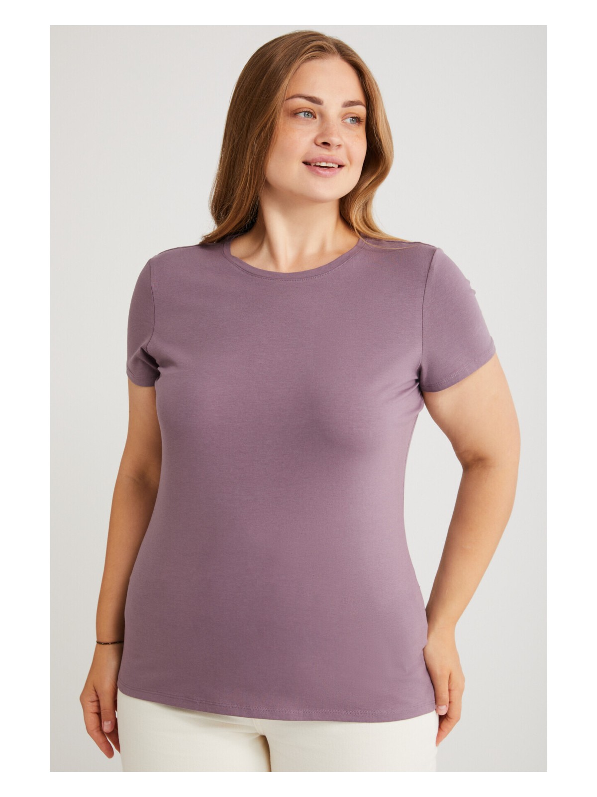 Ethiquet Mayra Kadın Slim Fit Dar Kalıp Bisiklet Yaka Basıc Kahverengi Büyük Beden T-shirt - Görsel 5