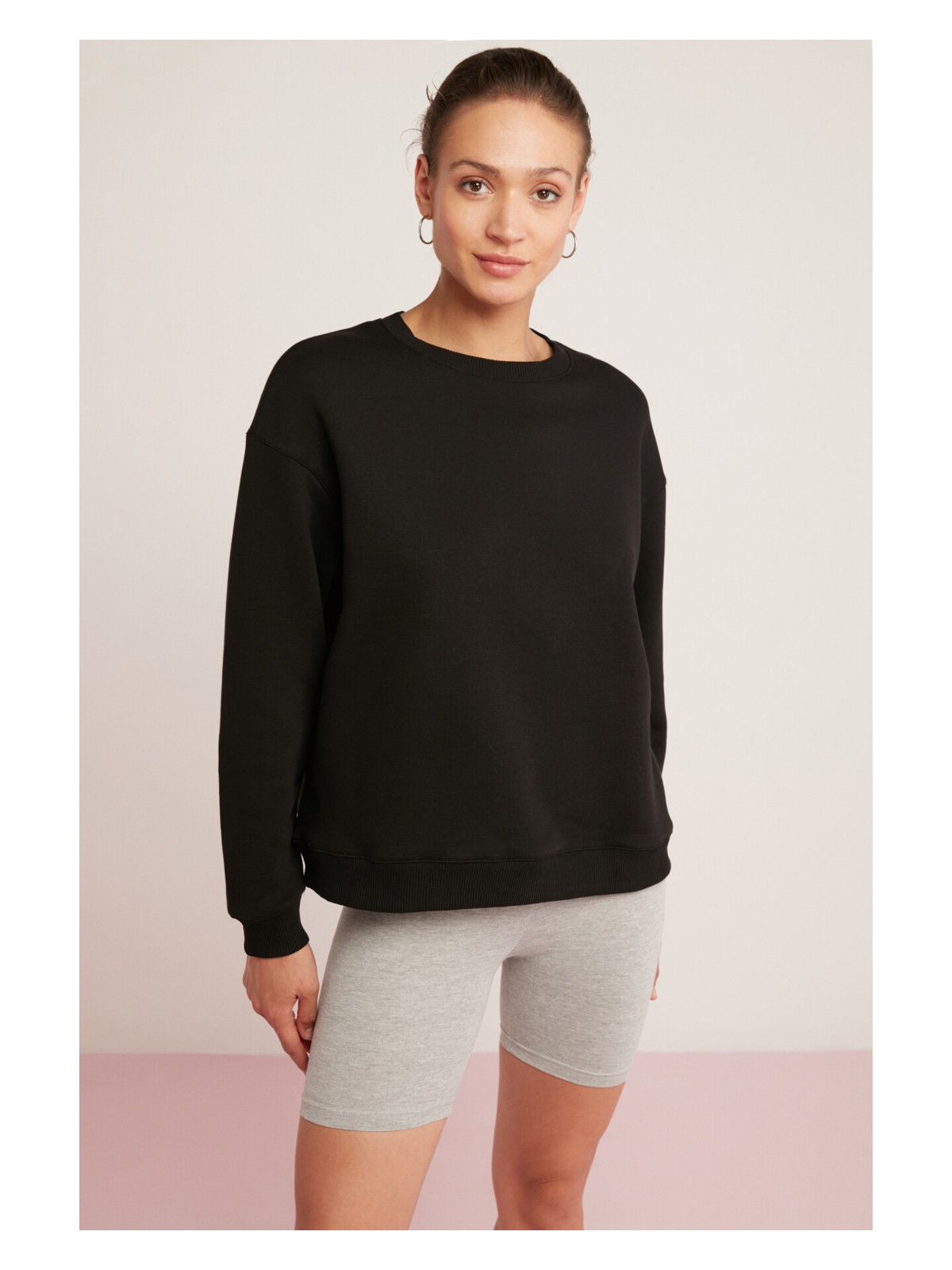 Ethiquet Sahra Kadın Pamuklu Içi Polarlı Yumuşacık Oversize Yuvarlak Yaka Basıc Siyah Sweatshirt