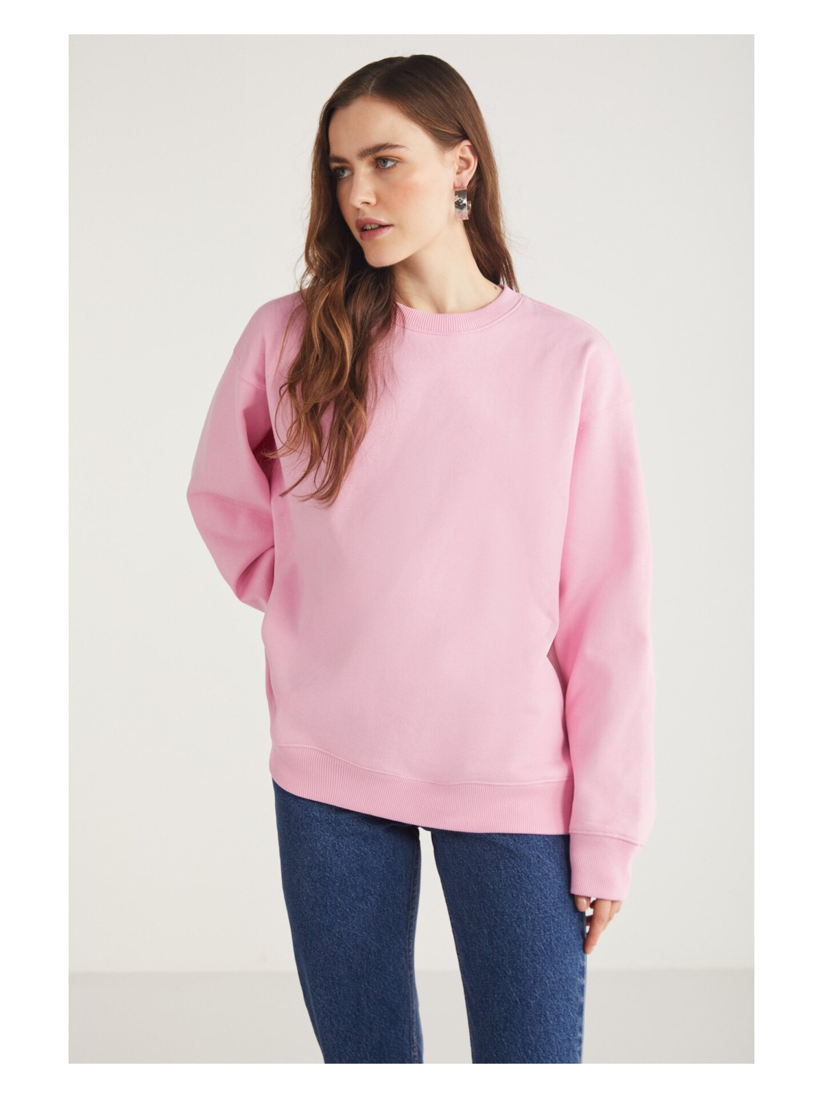 Ethiquet Karıus Kadın Regular Fit %100 Organik Pamuklu Içi Polarlı Yuvarlak Yaka Pembe Sweatshirt