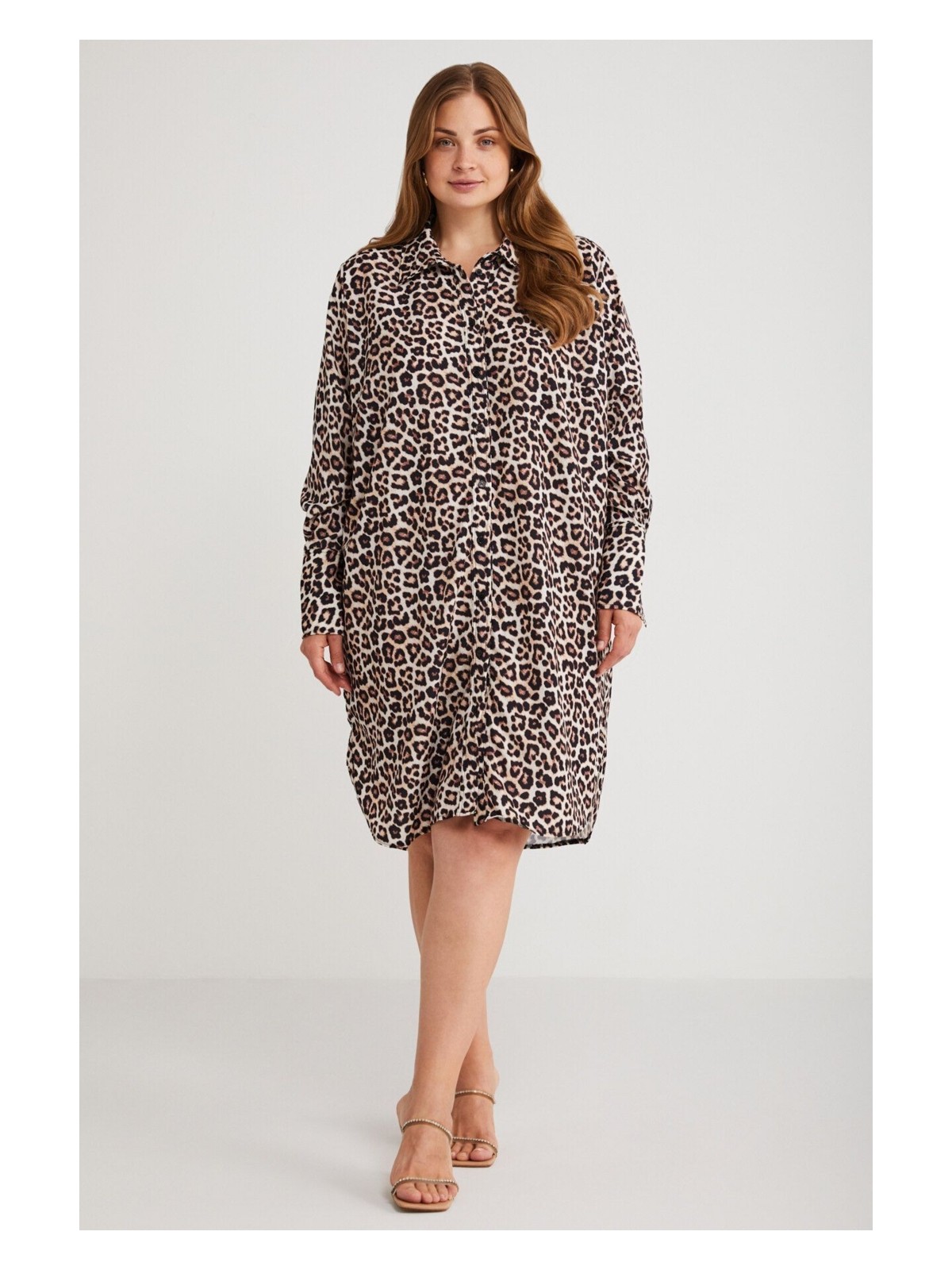 Ethiquet Safarı Kadın Büyük Beden Gömlek Yaka Düğme Detaylı Uzun Kol Leopar Desenli Elbise