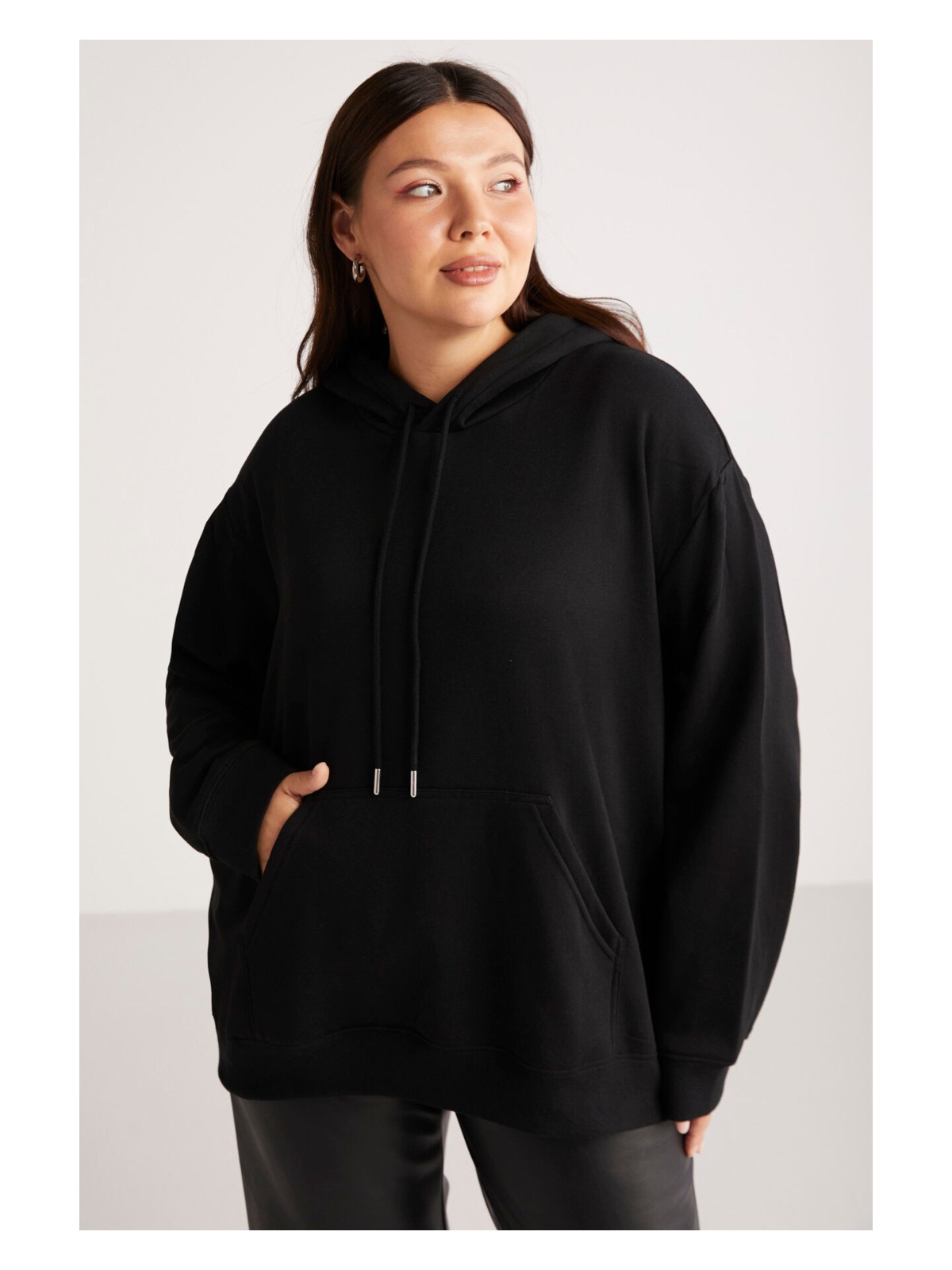 Ethiquet Terezabb Kadın İçi Polarlı Yumuşacık Comfort Fit Kapüşonlu Kanguru Cep Yeşil Büyük Beden Sweatshirt - Görsel 7