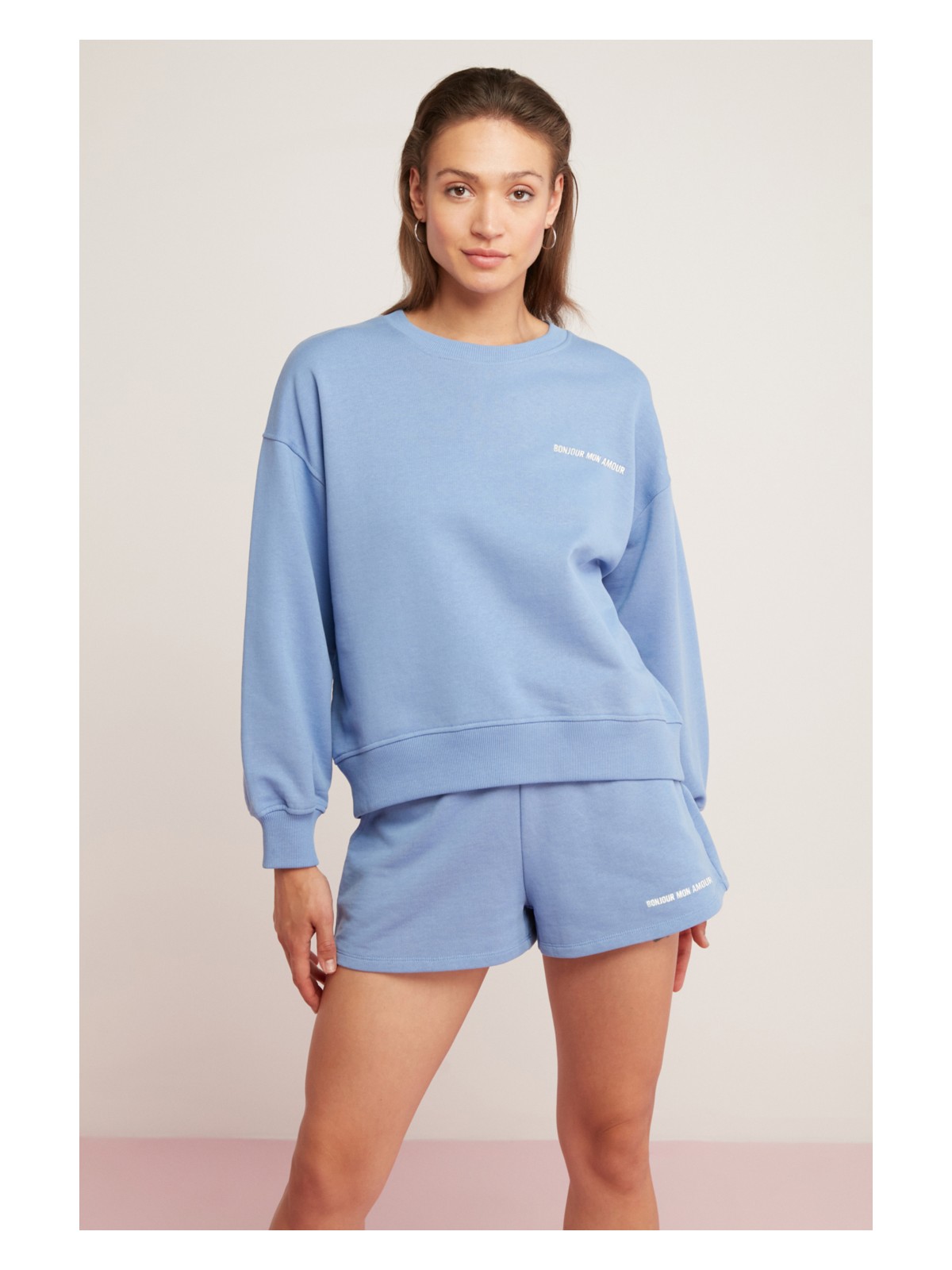 Obm Sandra Kadın Pamuklu Içi Polarlı Yumuşacık Baskılı Yuvarlak Yaka Comfort Mavi Sweatshirt