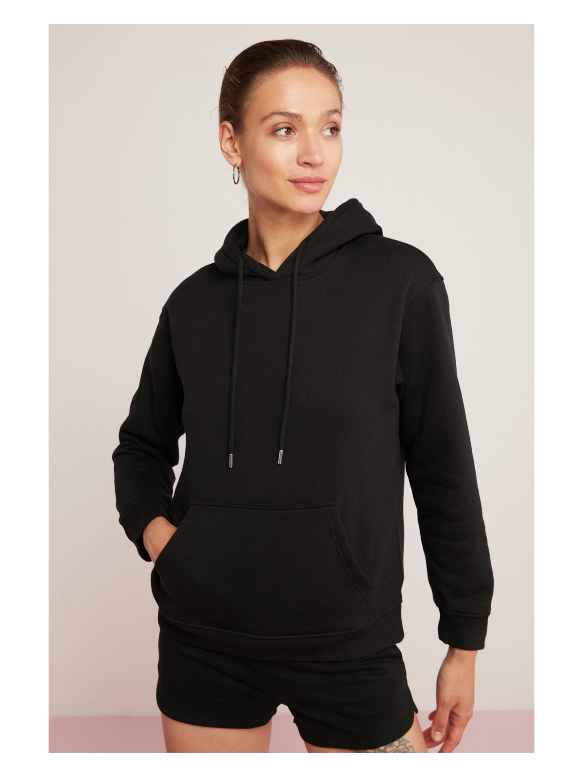 Ethiquet Abelia Kadın Içi Polarlı Yumuşacık Kalın Kumaşlı Kapüşonlu Comfort Fit Siyah Sweatshirt - Görsel 4